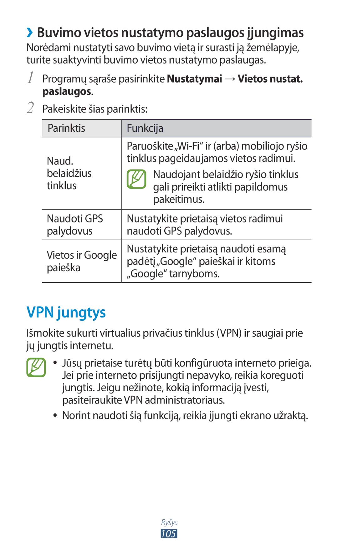 Samsung GT-S5301ZKASEB, GT-S5301ZWASEB manual VPN jungtys 