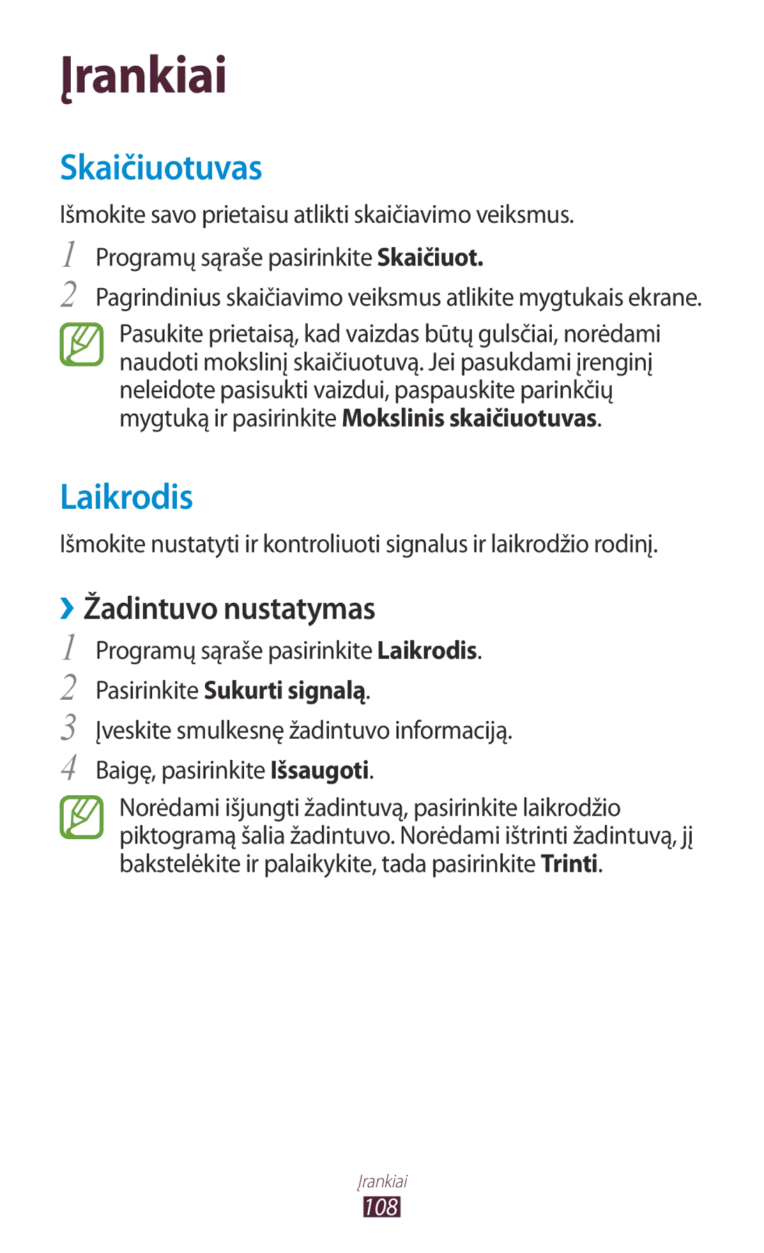 Samsung GT-S5301ZWASEB, GT-S5301ZKASEB Skaičiuotuvas, ››Žadintuvo nustatymas, Programų sąraše pasirinkite Laikrodis 