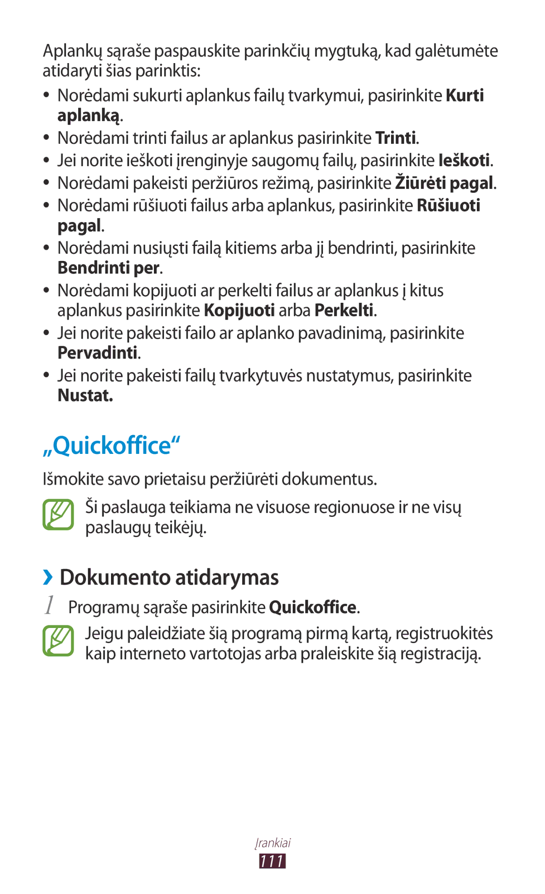 Samsung GT-S5301ZKASEB, GT-S5301ZWASEB manual „Quickoffice, ››Dokumento atidarymas, Programų sąraše pasirinkite Quickoffice 