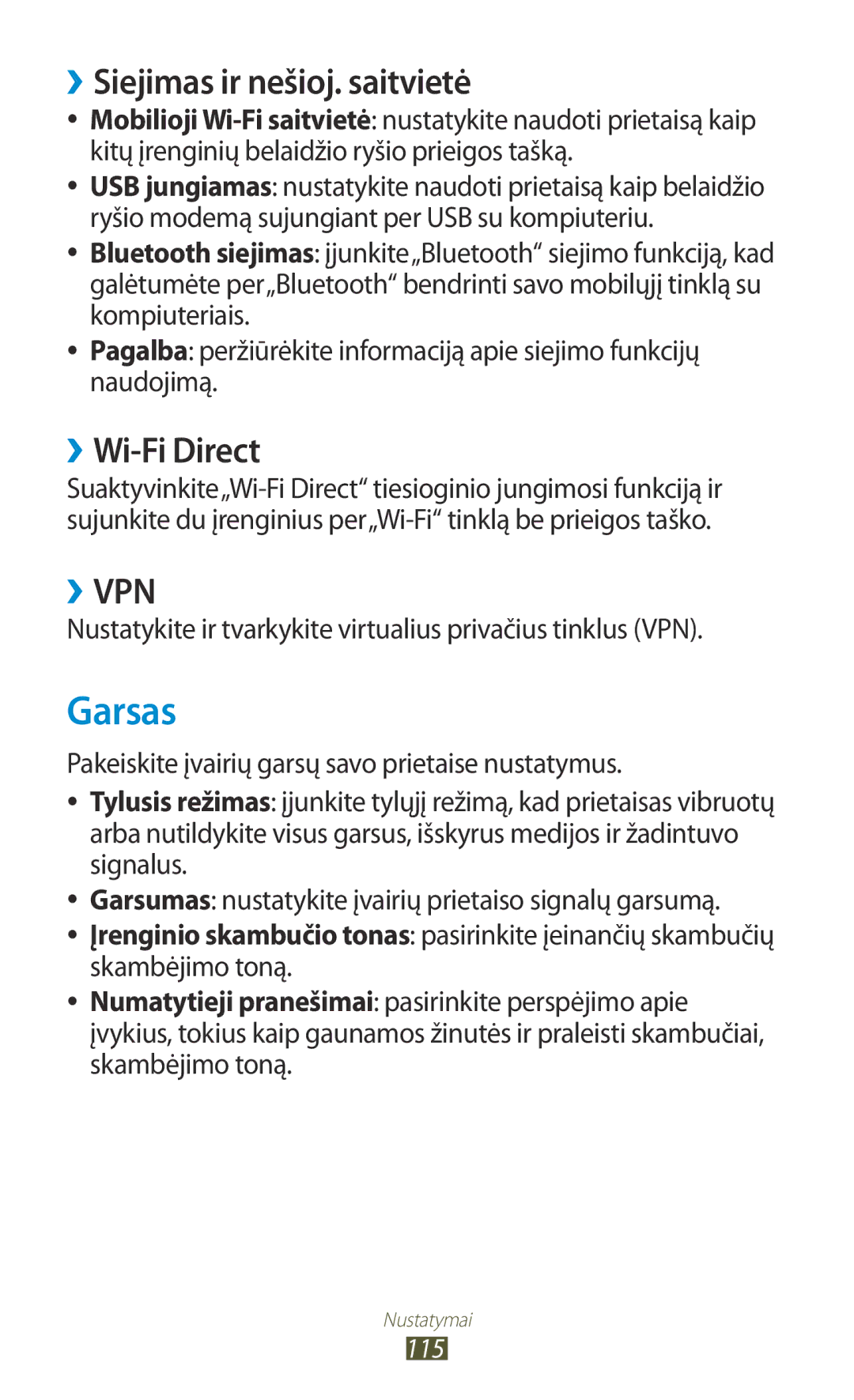 Samsung GT-S5301ZKASEB, GT-S5301ZWASEB manual Garsas, ››Siejimas ir nešioj. saitvietė, ››Wi-Fi Direct 
