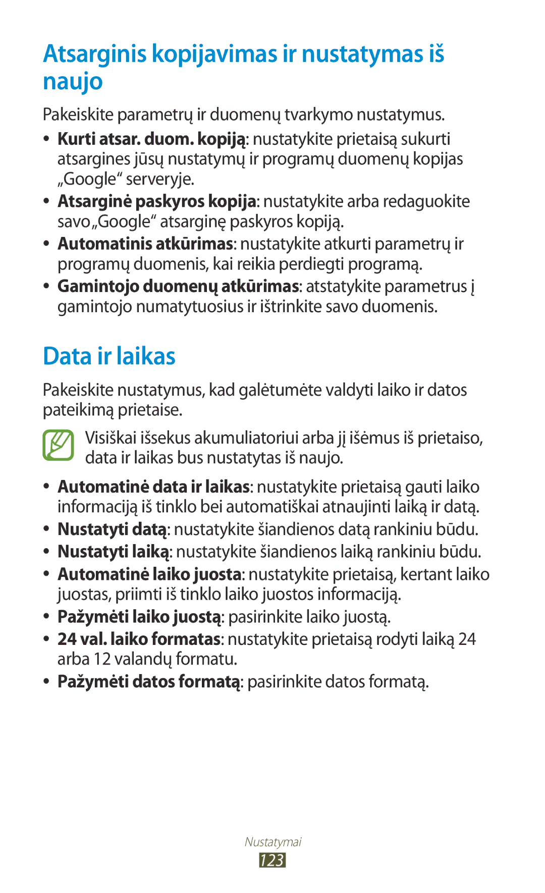 Samsung GT-S5301ZKASEB, GT-S5301ZWASEB manual Atsarginis kopijavimas ir nustatymas iš naujo, Data ir laikas 