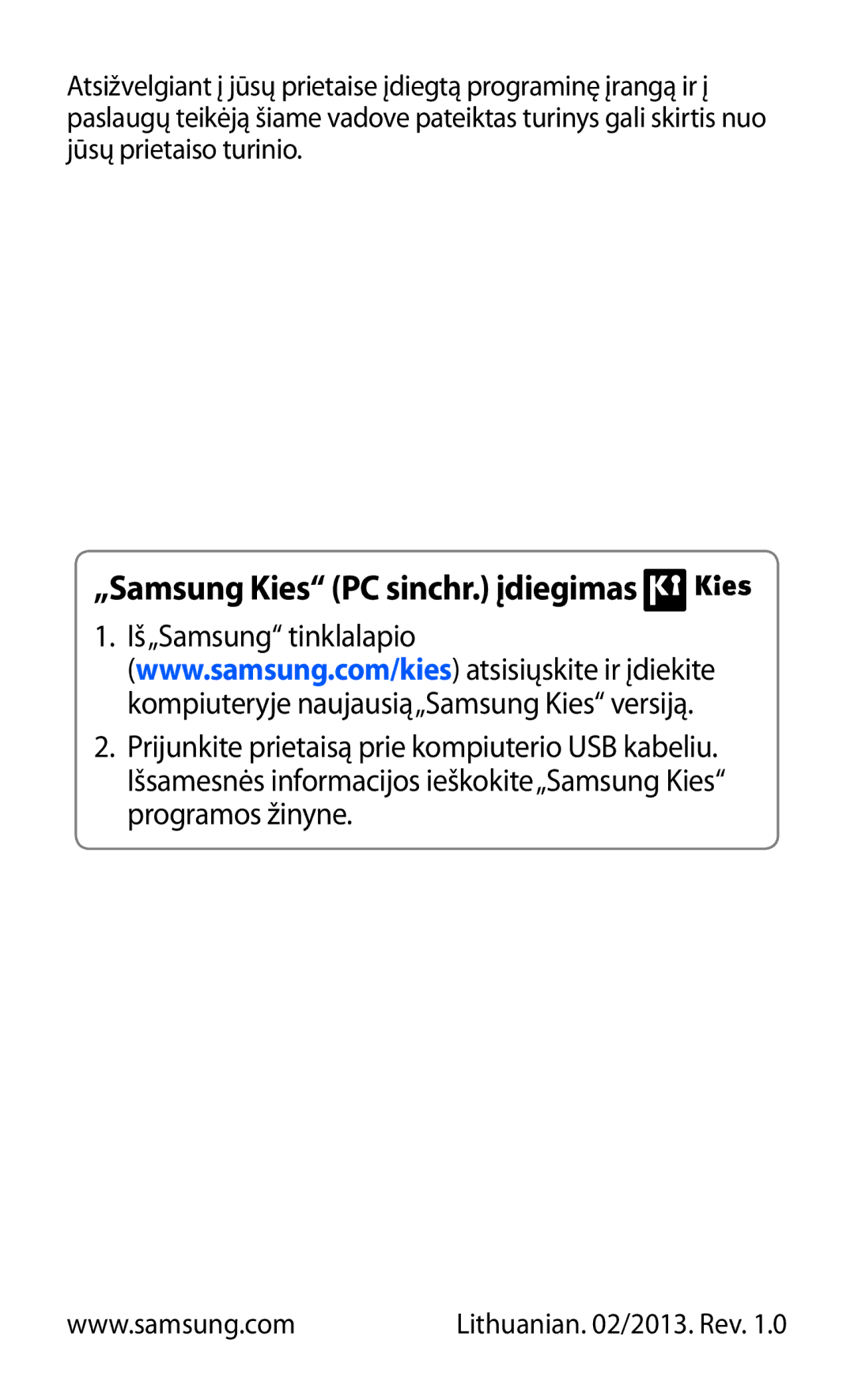 Samsung GT-S5301ZKASEB, GT-S5301ZWASEB manual „Samsung Kies PC sinchr. įdiegimas 