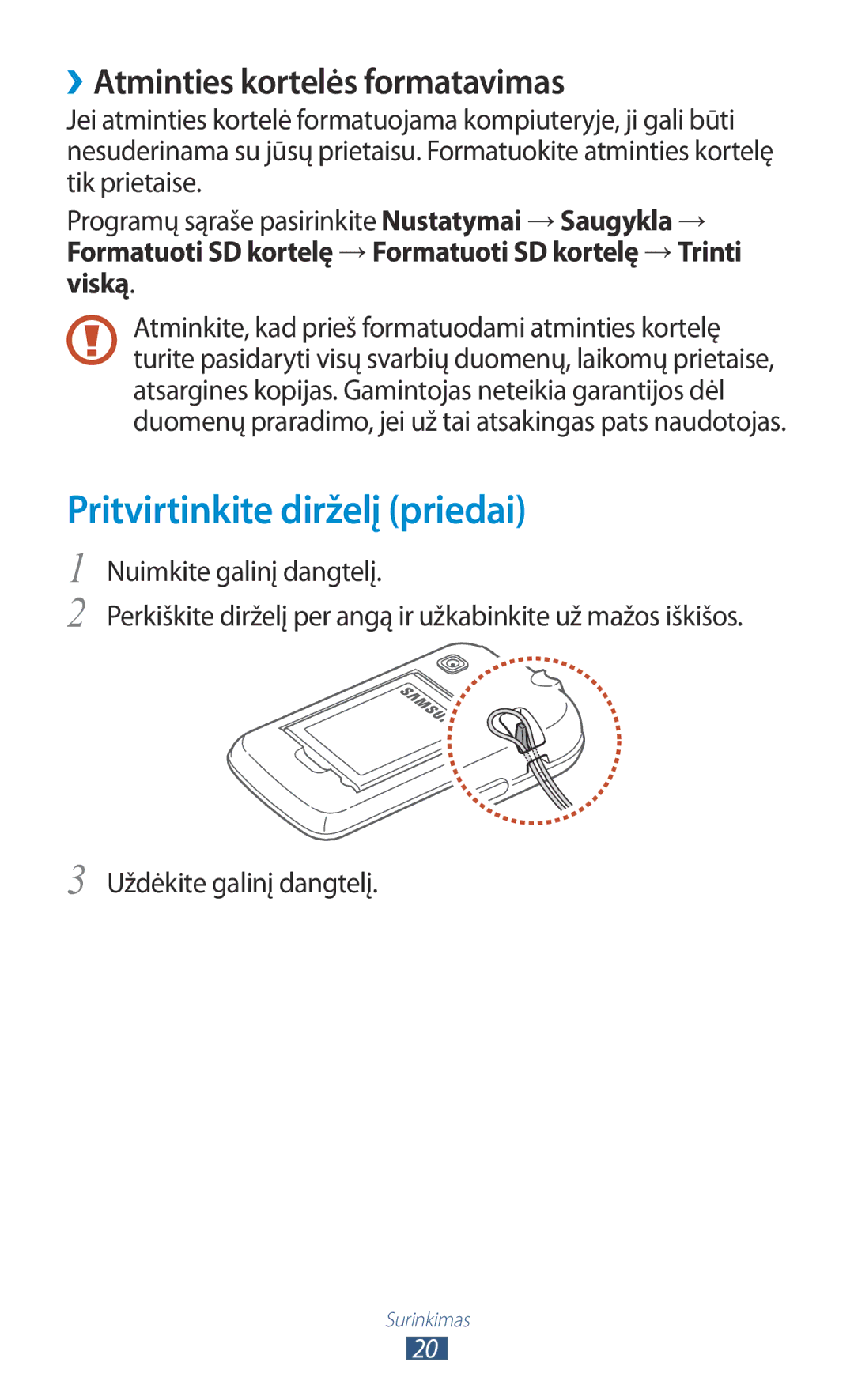 Samsung GT-S5301ZWASEB, GT-S5301ZKASEB manual Pritvirtinkite dirželį priedai, ››Atminties kortelės formatavimas 