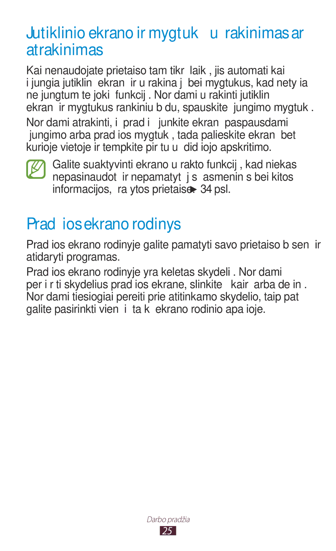 Samsung GT-S5301ZKASEB, GT-S5301ZWASEB Jutiklinio ekrano ir mygtukų užrakinimas ar atrakinimas, Pradžios ekrano rodinys 