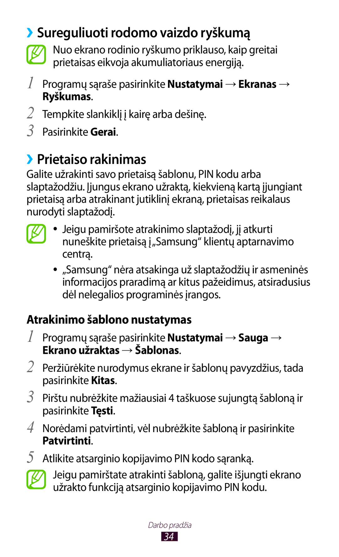 Samsung GT-S5301ZWASEB, GT-S5301ZKASEB manual ››Sureguliuoti rodomo vaizdo ryškumą, ››Prietaiso rakinimas 