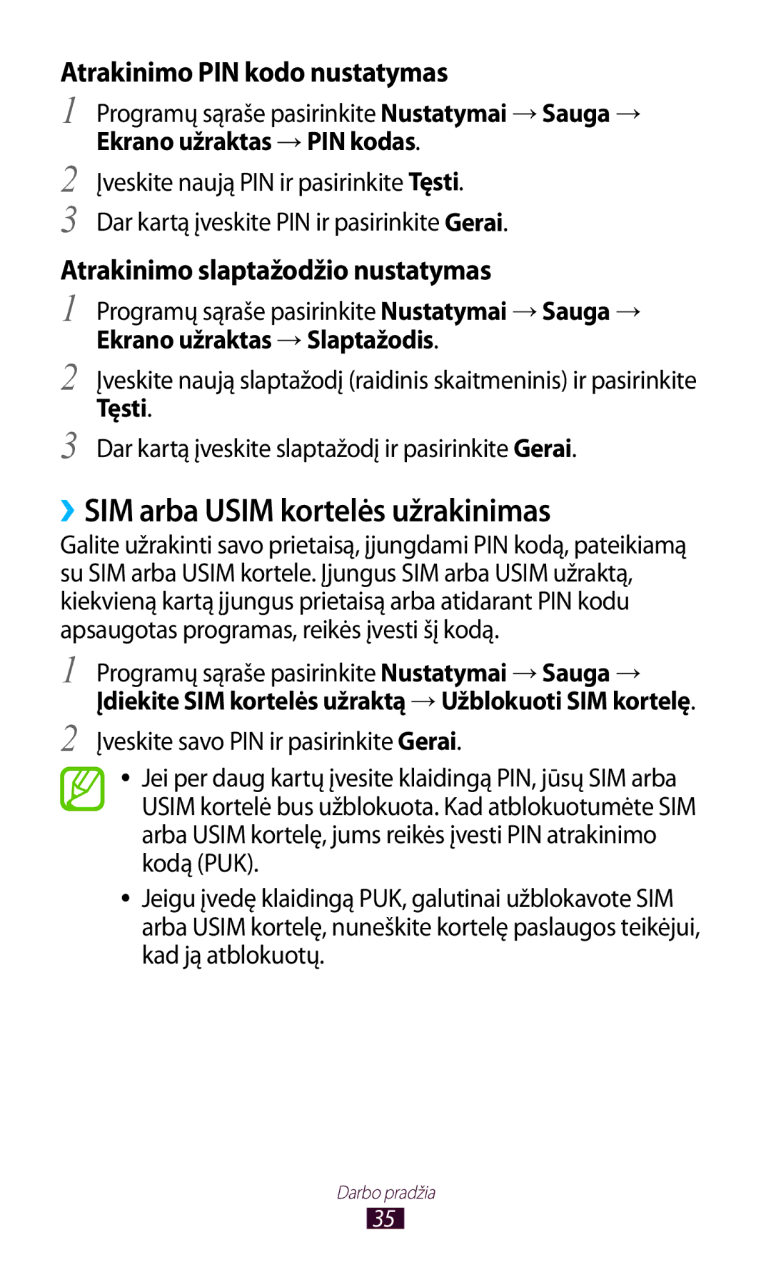 Samsung GT-S5301ZKASEB, GT-S5301ZWASEB manual ››SIM arba Usim kortelės užrakinimas, Atrakinimo PIN kodo nustatymas 