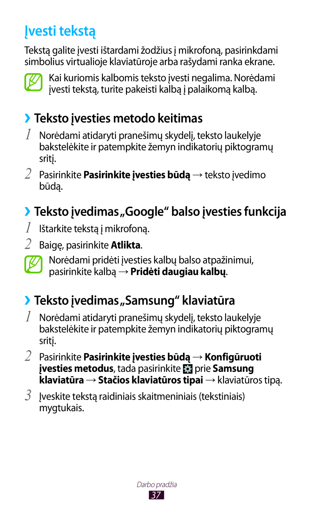 Samsung GT-S5301ZKASEB manual Įvesti tekstą, ››Teksto įvesties metodo keitimas, ››Teksto įvedimas„Samsung klaviatūra 