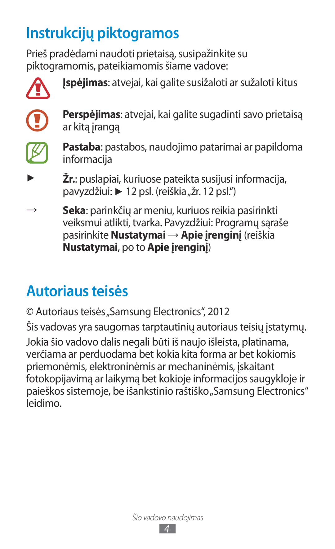 Samsung GT-S5301ZWASEB, GT-S5301ZKASEB manual Instrukcijų piktogramos, Autoriaus teisės„Samsung Electronics 