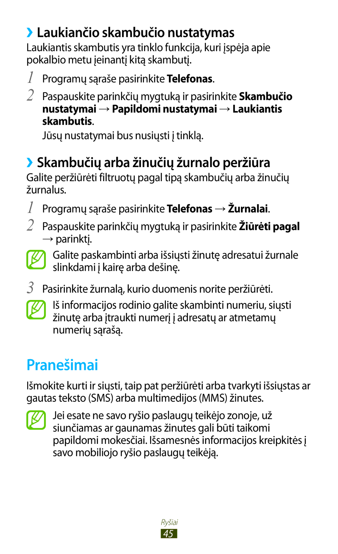 Samsung GT-S5301ZKASEB manual Pranešimai, ››Laukiančio skambučio nustatymas, ››Skambučių arba žinučių žurnalo peržiūra 