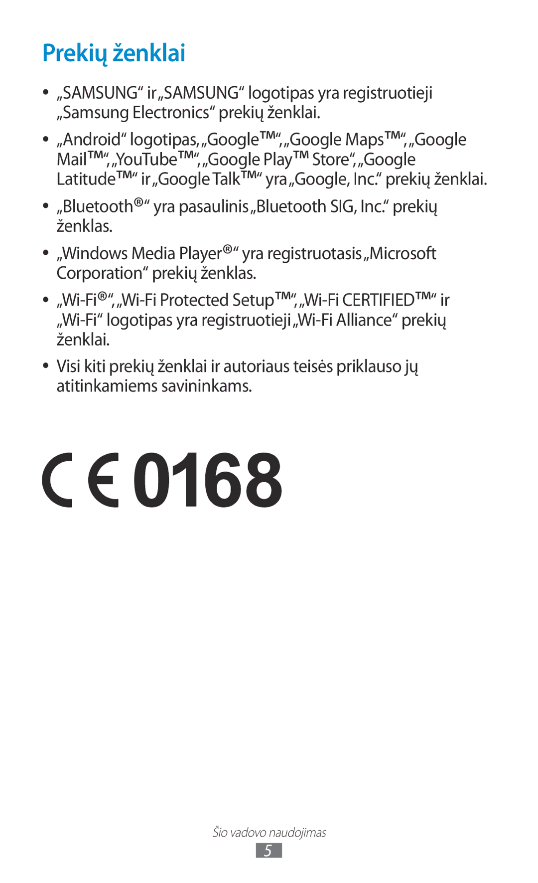 Samsung GT-S5301ZKASEB, GT-S5301ZWASEB manual Prekių ženklai 