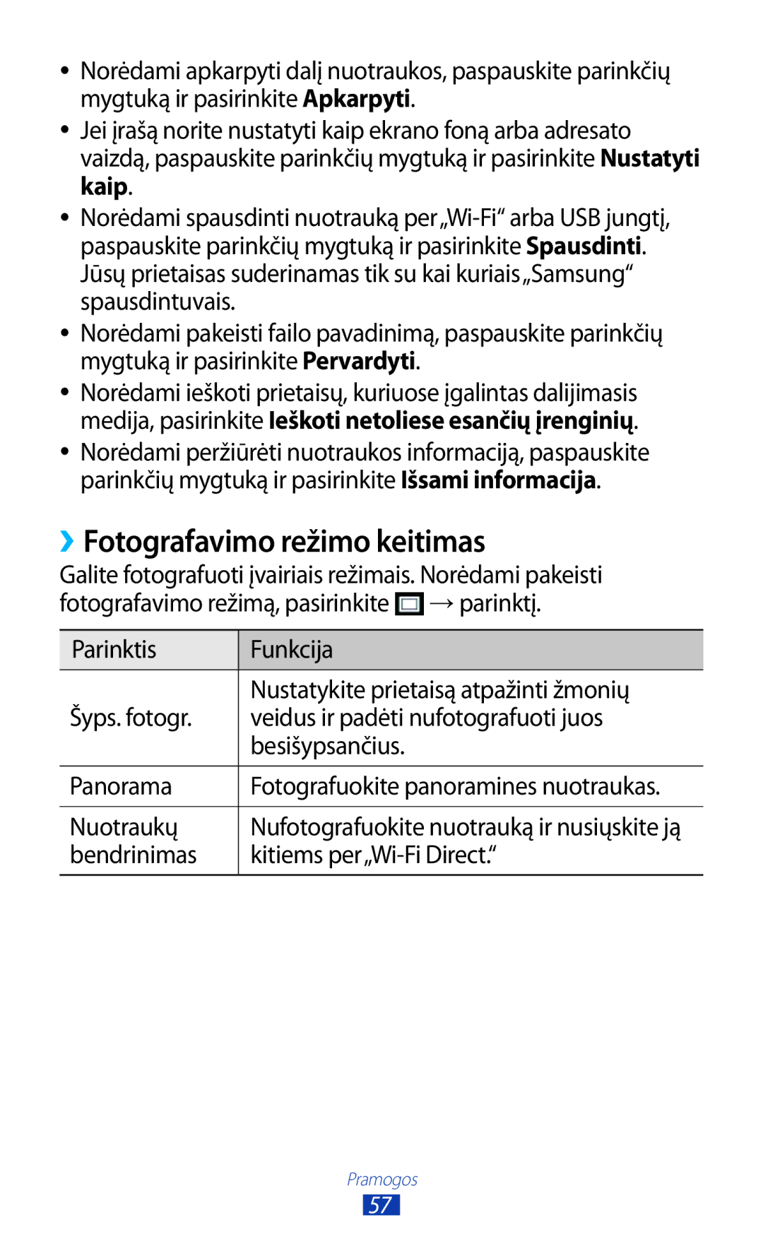 Samsung GT-S5301ZKASEB, GT-S5301ZWASEB ››Fotografavimo režimo keitimas, Nuotraukų, Bendrinimas Kitiems per„Wi-Fi Direct 