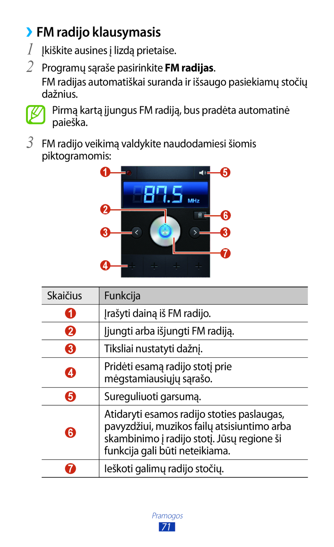 Samsung GT-S5301ZKASEB, GT-S5301ZWASEB manual ››FM radijo klausymasis, Ieškoti galimų radijo stočių 