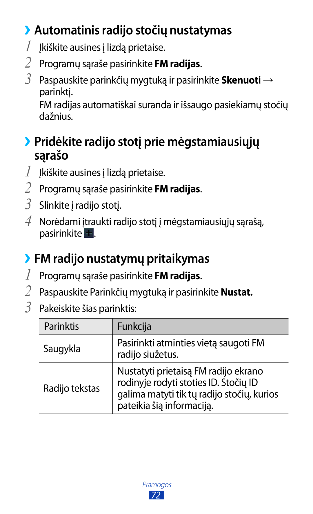 Samsung GT-S5301ZWASEB manual ››Automatinis radijo stočių nustatymas, ››Pridėkite radijo stotį prie mėgstamiausiųjų sąrašo 