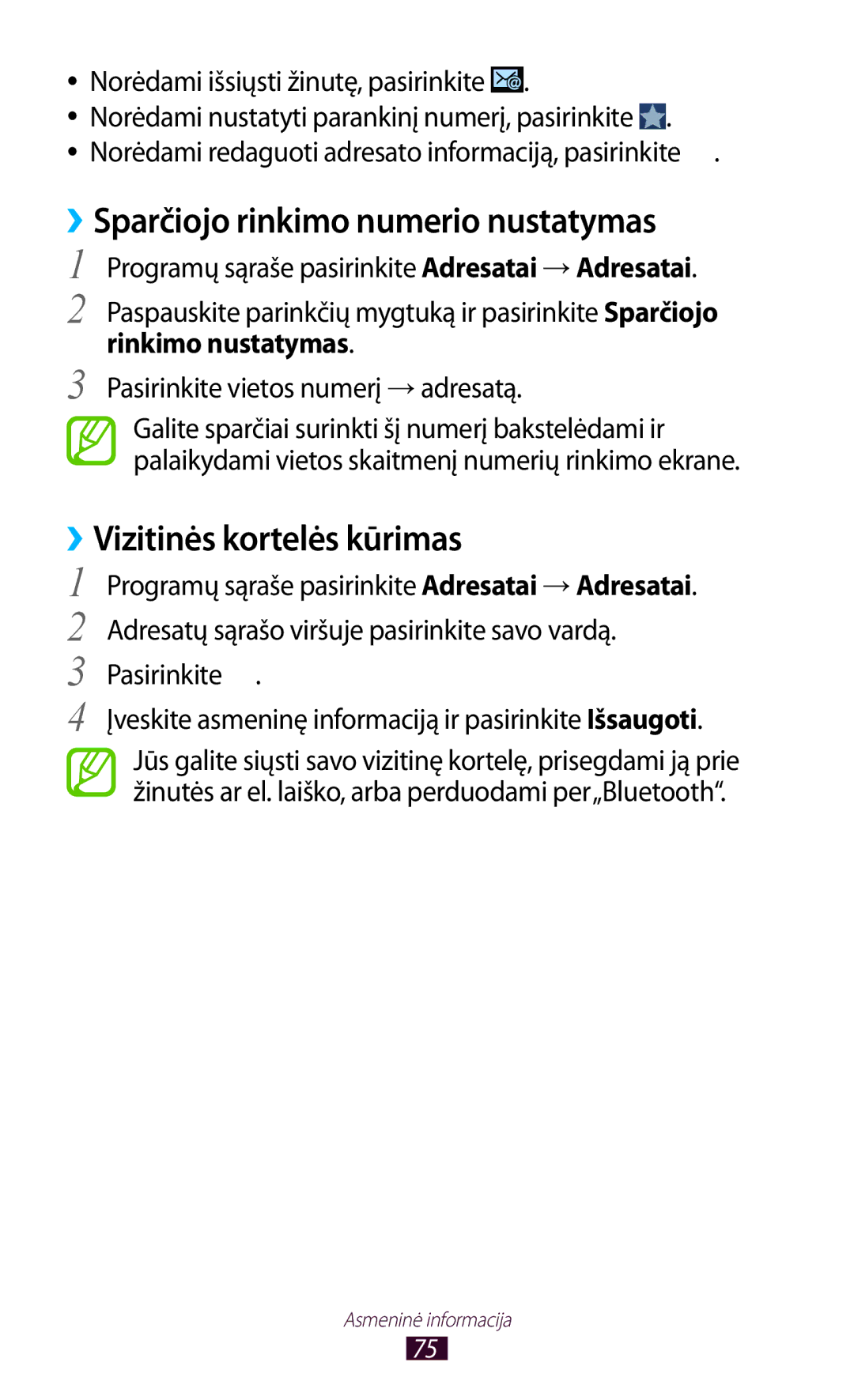 Samsung GT-S5301ZKASEB, GT-S5301ZWASEB manual ››Sparčiojo rinkimo numerio nustatymas, ››Vizitinės kortelės kūrimas 