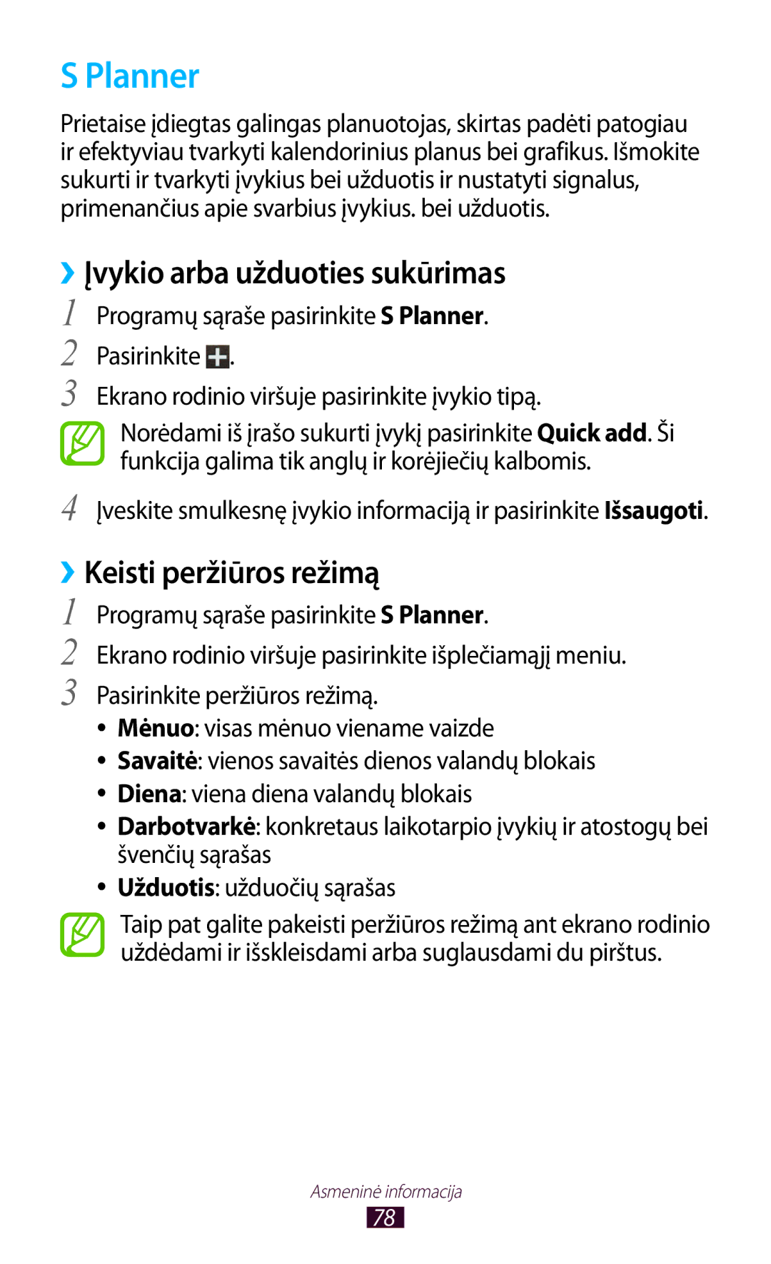 Samsung GT-S5301ZWASEB, GT-S5301ZKASEB manual Planner, ››Įvykio arba užduoties sukūrimas, ››Keisti peržiūros režimą 