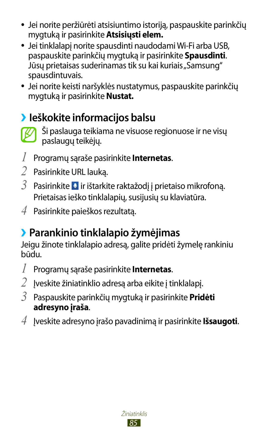 Samsung GT-S5301ZKASEB ››Ieškokite informacijos balsu, ››Parankinio tinklalapio žymėjimas, Pasirinkite paieškos rezultatą 