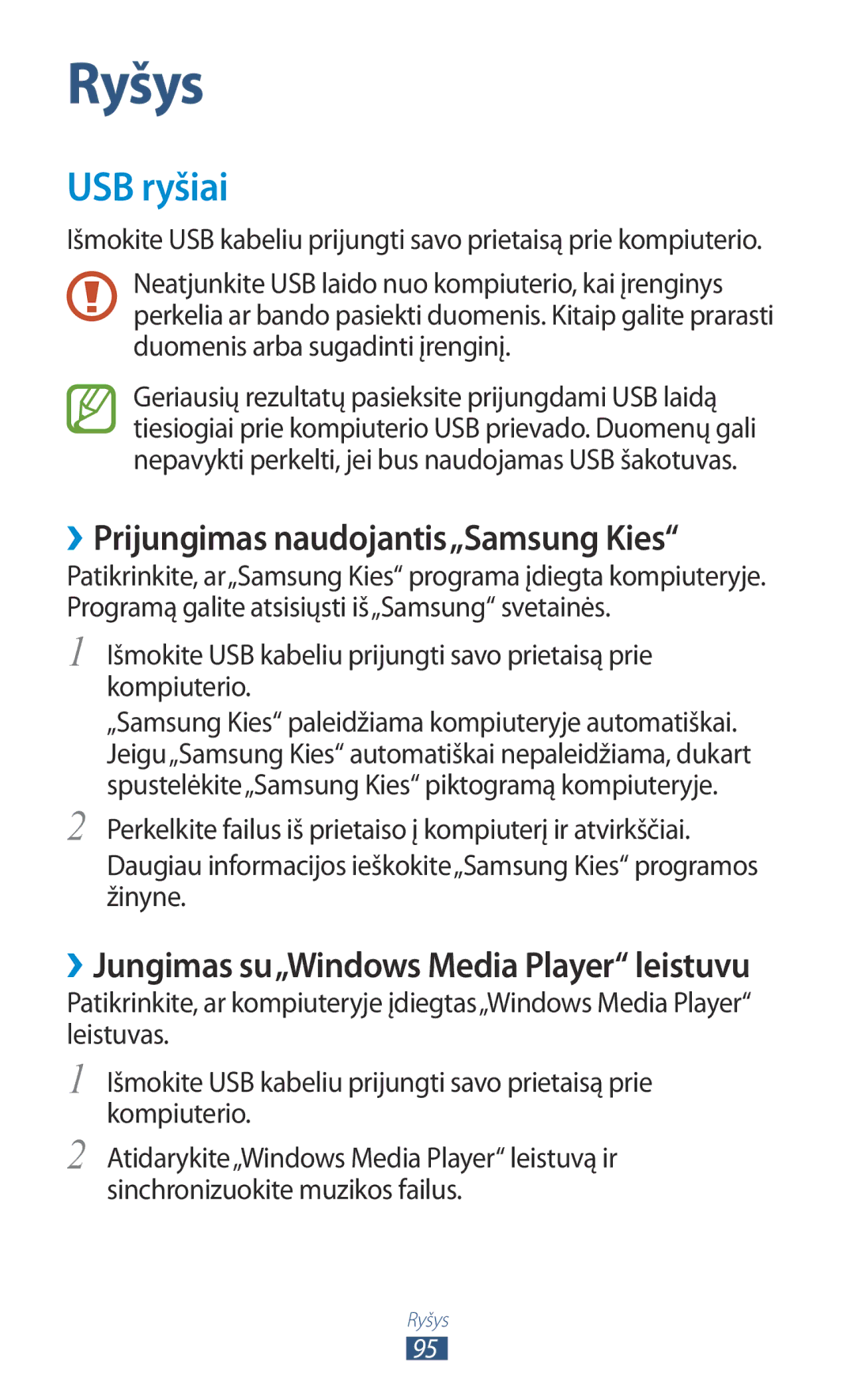 Samsung GT-S5301ZKASEB, GT-S5301ZWASEB manual USB ryšiai, ››Prijungimas naudojantis„Samsung Kies 