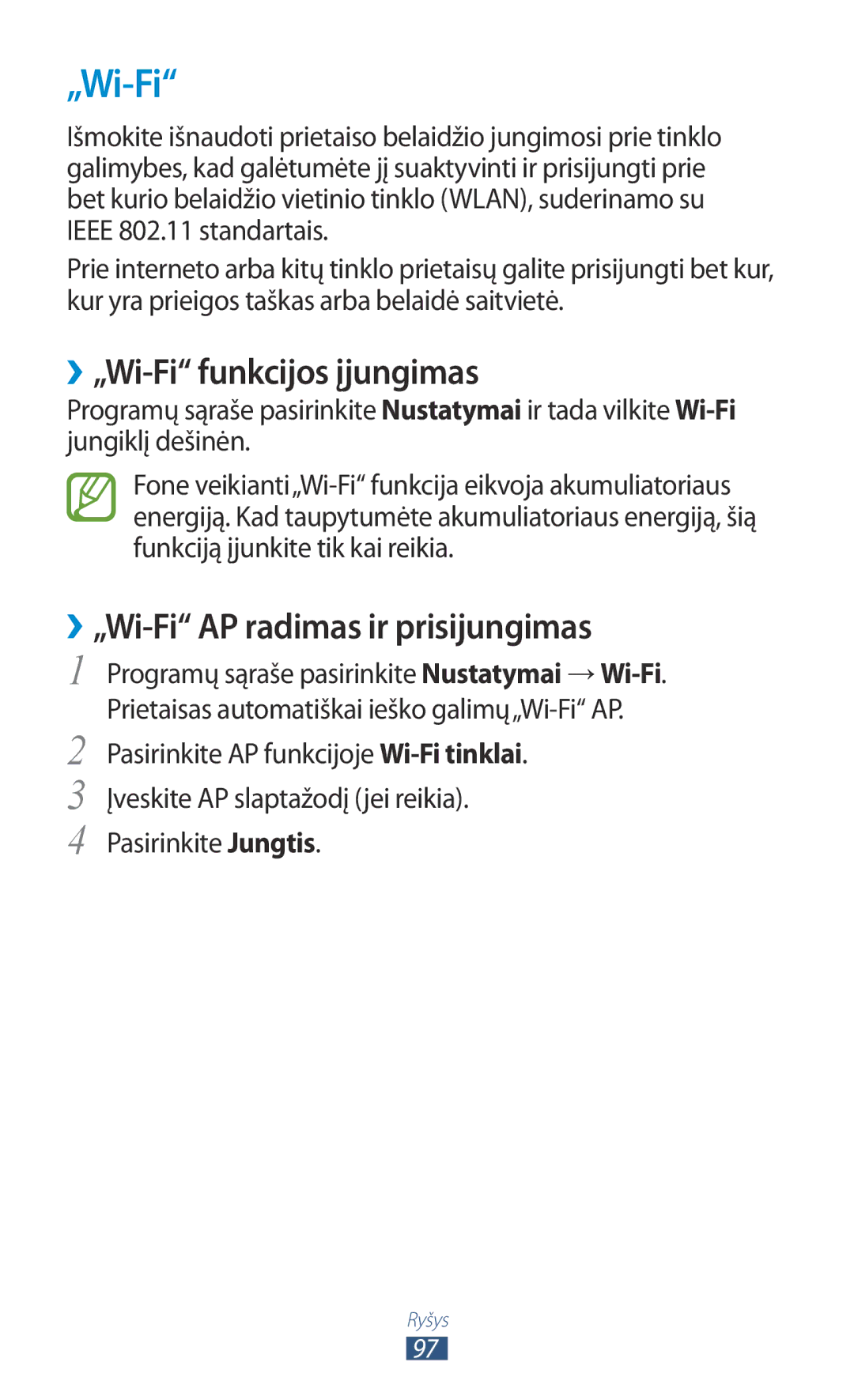 Samsung GT-S5301ZKASEB, GT-S5301ZWASEB manual ››„Wi-Fi funkcijos įjungimas, ››„Wi-Fi AP radimas ir prisijungimas 