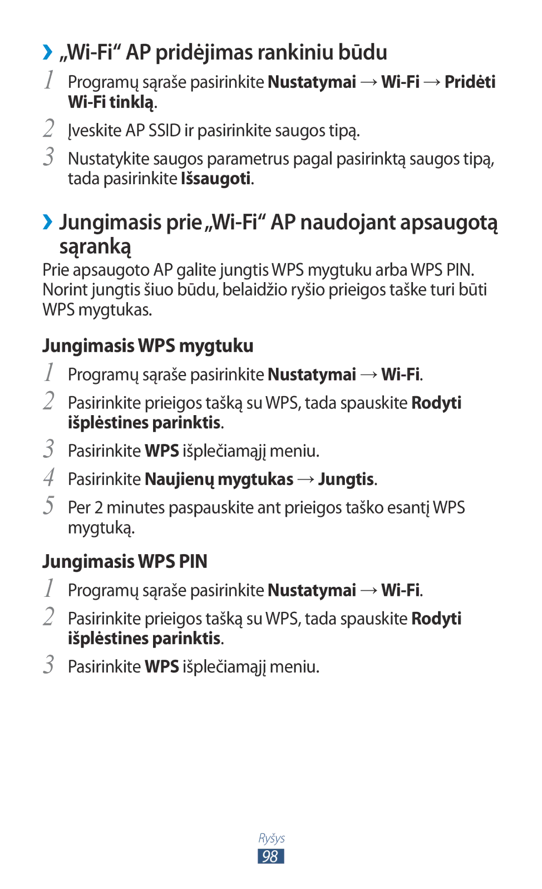 Samsung GT-S5301ZWASEB manual ››„Wi-Fi AP pridėjimas rankiniu būdu, ››Jungimasis prie„Wi-Fi AP naudojant apsaugotą sąranką 