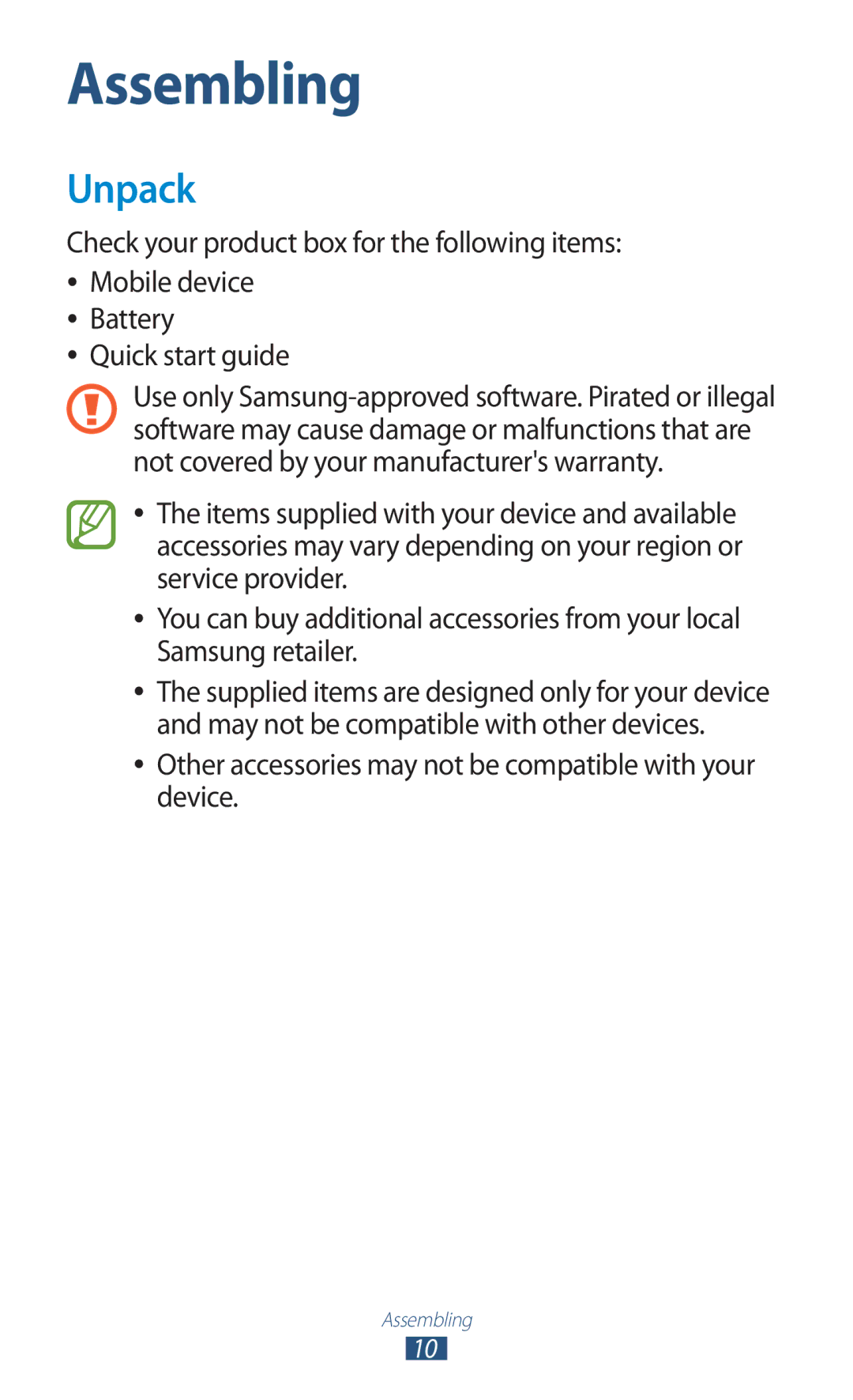 Samsung GT-S5302ZKAJED, GT-S5302ZWAAFR, GT-S5302ZWAKSA Unpack, Other accessories may not be compatible with your device 