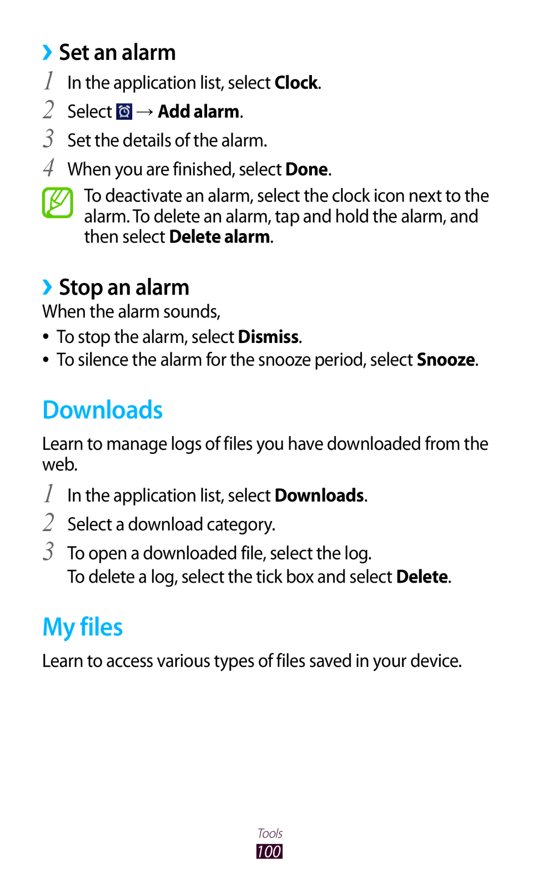 Samsung GT-S5302ZWAAFR, GT-S5302ZWAKSA manual Downloads, My files, ››Set an alarm, ››Stop an alarm, Select → Add alarm 
