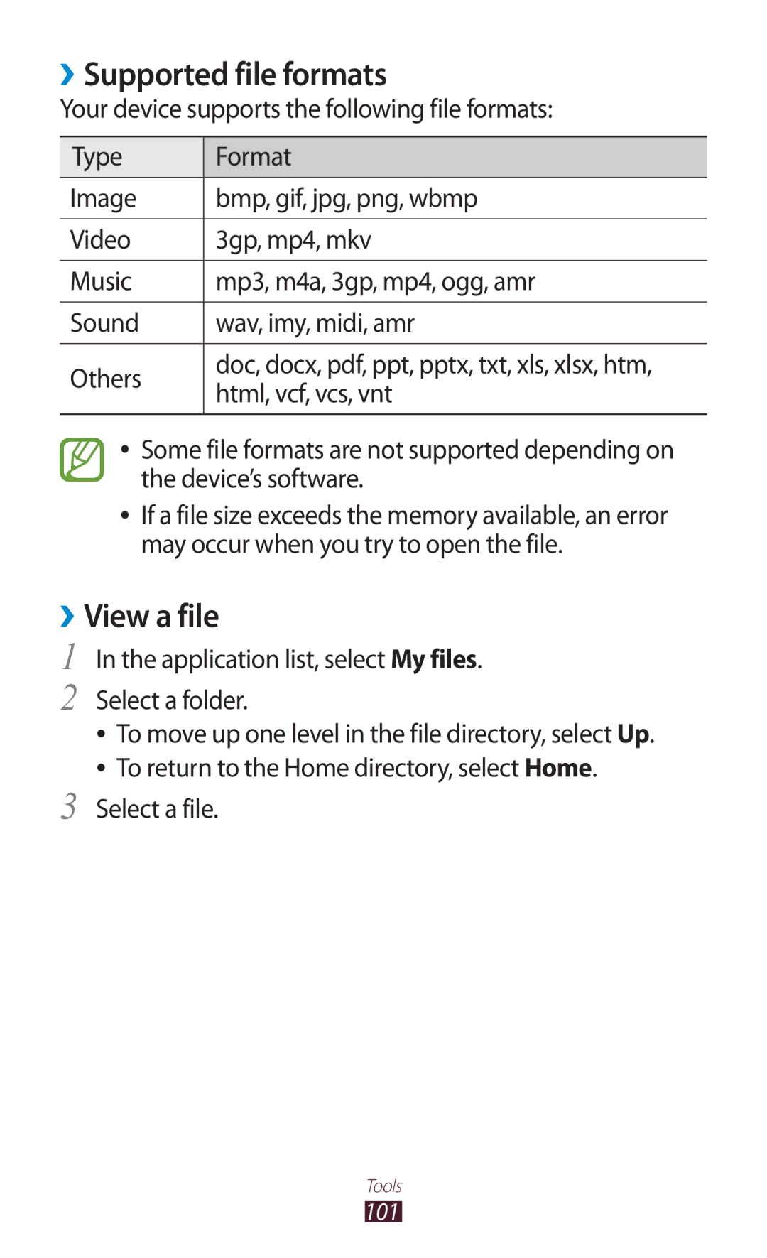 Samsung GT-S5302ZWAKSA manual Supported file formats, ››View a file, Your device supports the following file formats 