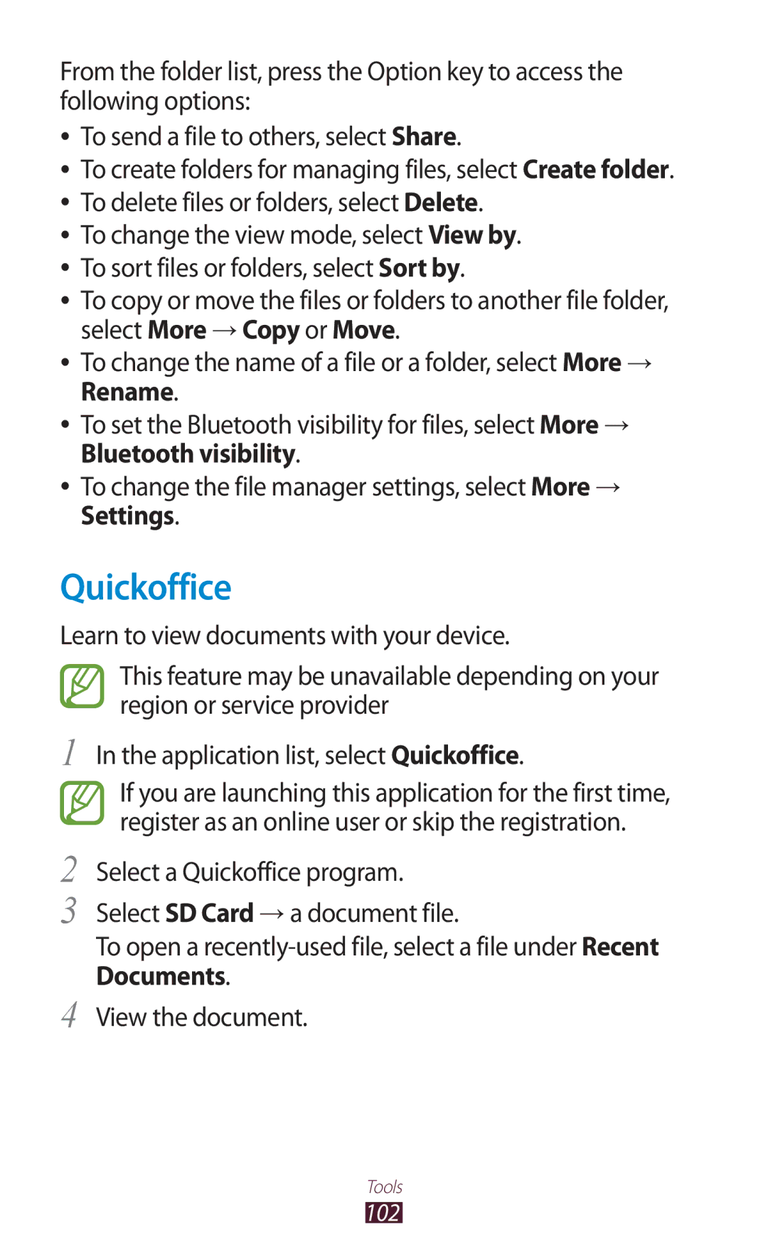 Samsung GT-S5302ZKAEGY, GT-S5302ZWAAFR, GT-S5302ZWAKSA, GT-S5302ZWACAC, GT-S5302ZKAXSG, GT-S5302ZWAPAK manual Quickoffice 