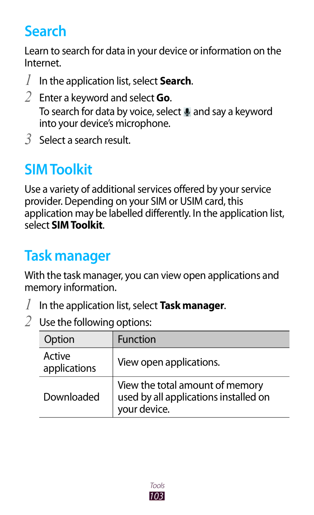 Samsung GT-S5302ZWACAC, GT-S5302ZWAAFR, GT-S5302ZWAKSA, GT-S5302ZKAEGY, GT-S5302ZKAXSG manual Search, SIM Toolkit, Task manager 