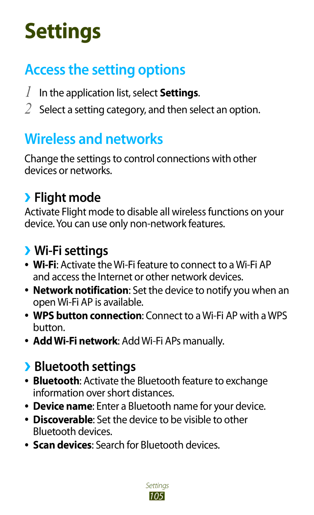 Samsung GT-S5302ZWAPAK, GT-S5302ZWAAFR Access the setting options, Wireless and networks, ››Flight mode, ››Wi-Fi settings 