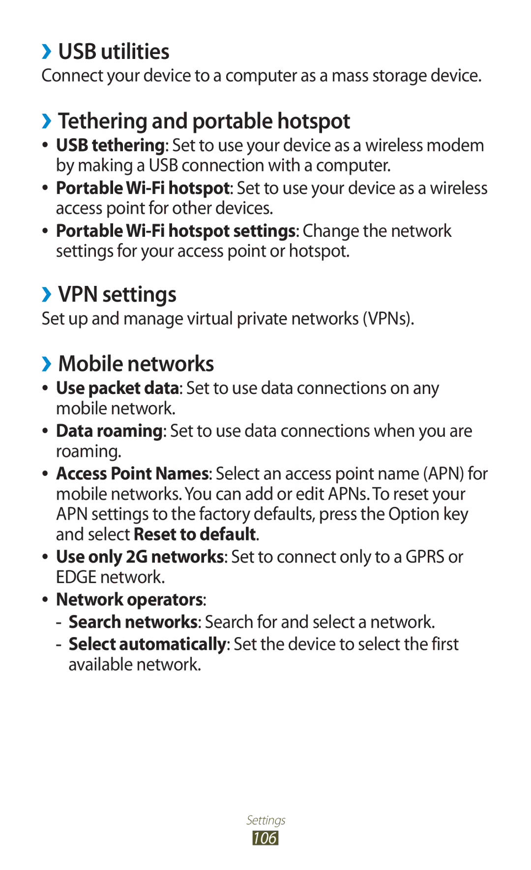 Samsung GT-S5302ZWAXSG manual ››USB utilities, ››Tethering and portable hotspot, ››VPN settings, ››Mobile networks 