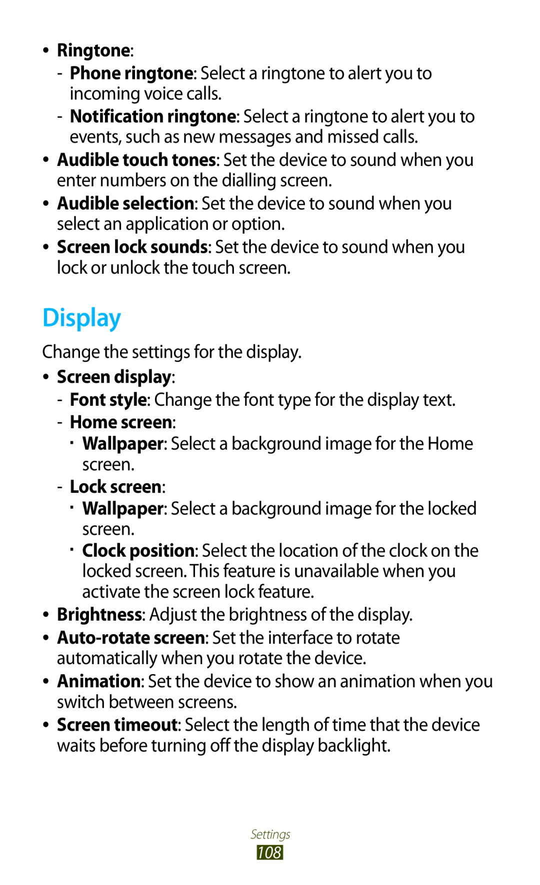 Samsung GT-S5302ZWAJED, GT-S5302ZWAAFR Display, Ringtone, Change the settings for the display, Screen display, Lock screen 