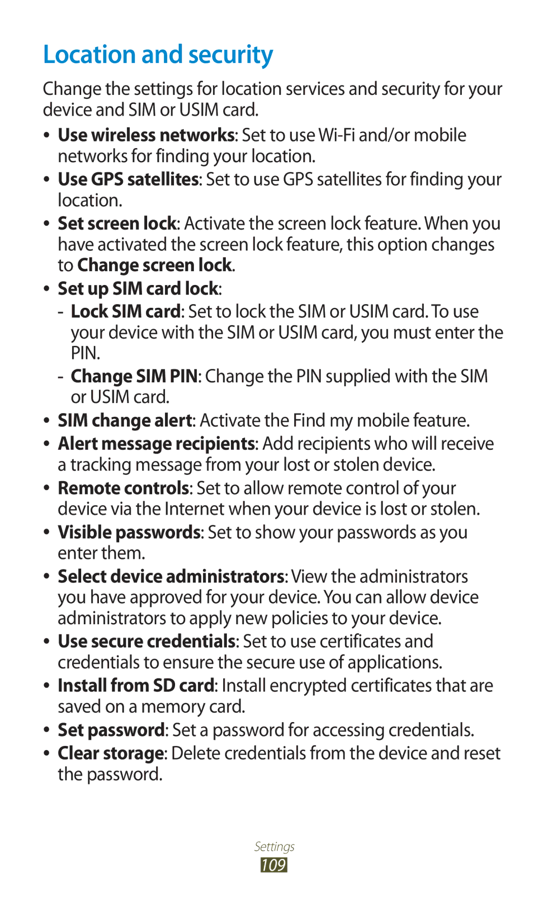 Samsung GT-S5302ZWAEGY, GT-S5302ZWAAFR, GT-S5302ZWAKSA, GT-S5302ZKAEGY manual Location and security, Set up SIM card lock 