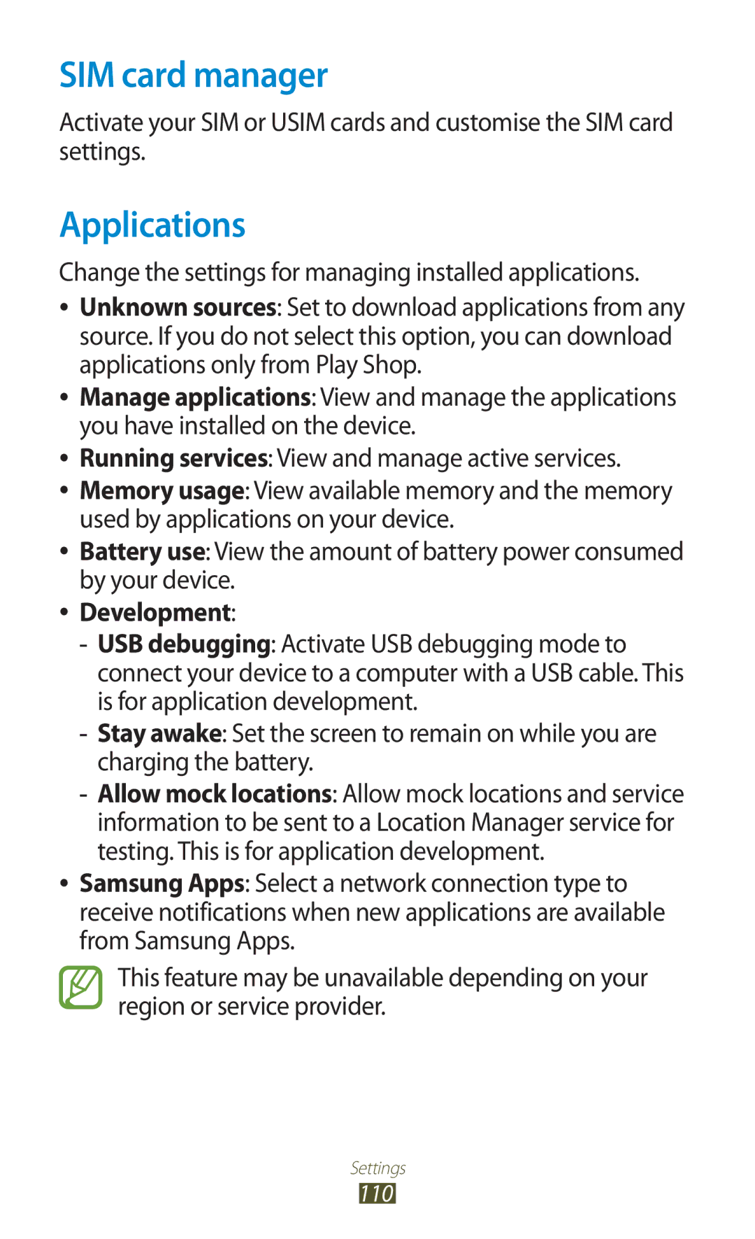 Samsung GT-S5302ZKAJED, GT-S5302ZWAAFR, GT-S5302ZWAKSA, GT-S5302ZKAEGY manual SIM card manager, Applications, Development 