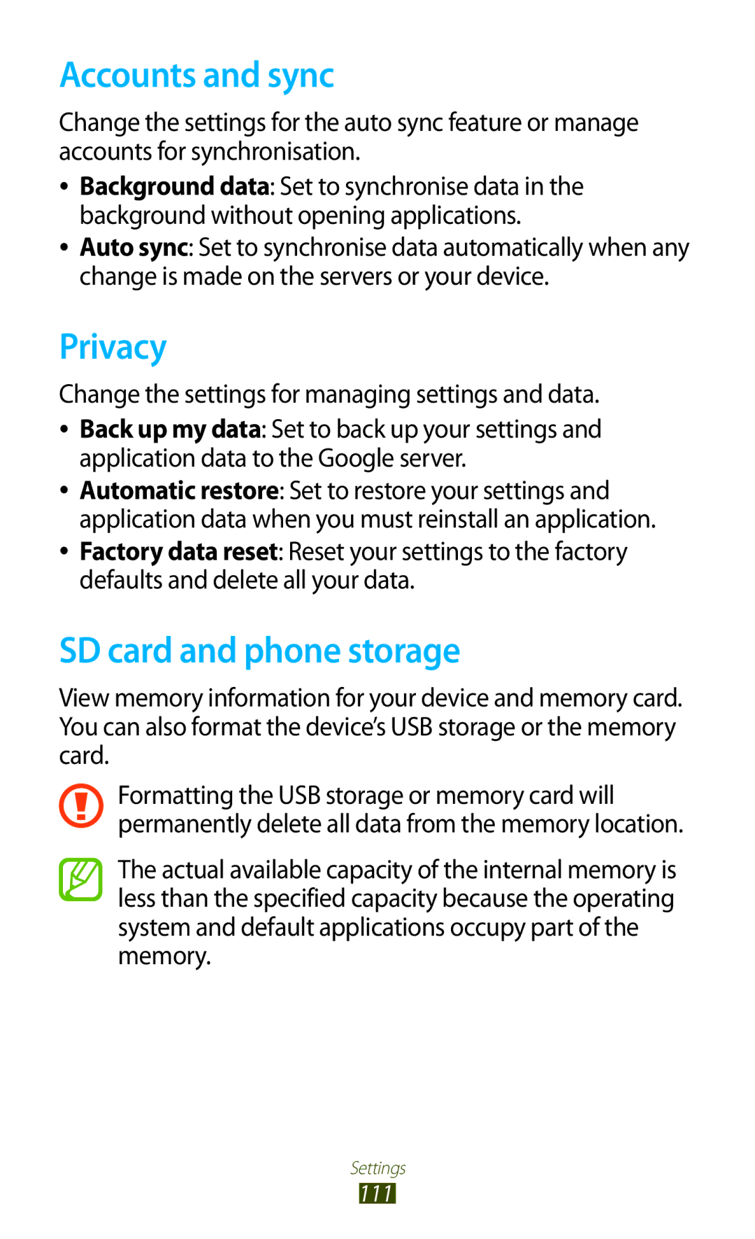 Samsung GT-S5302ZWAXEZ, GT-S5302ZWAAFR, GT-S5302ZWAKSA, GT-S5302ZKAEGY Accounts and sync, Privacy, SD card and phone storage 