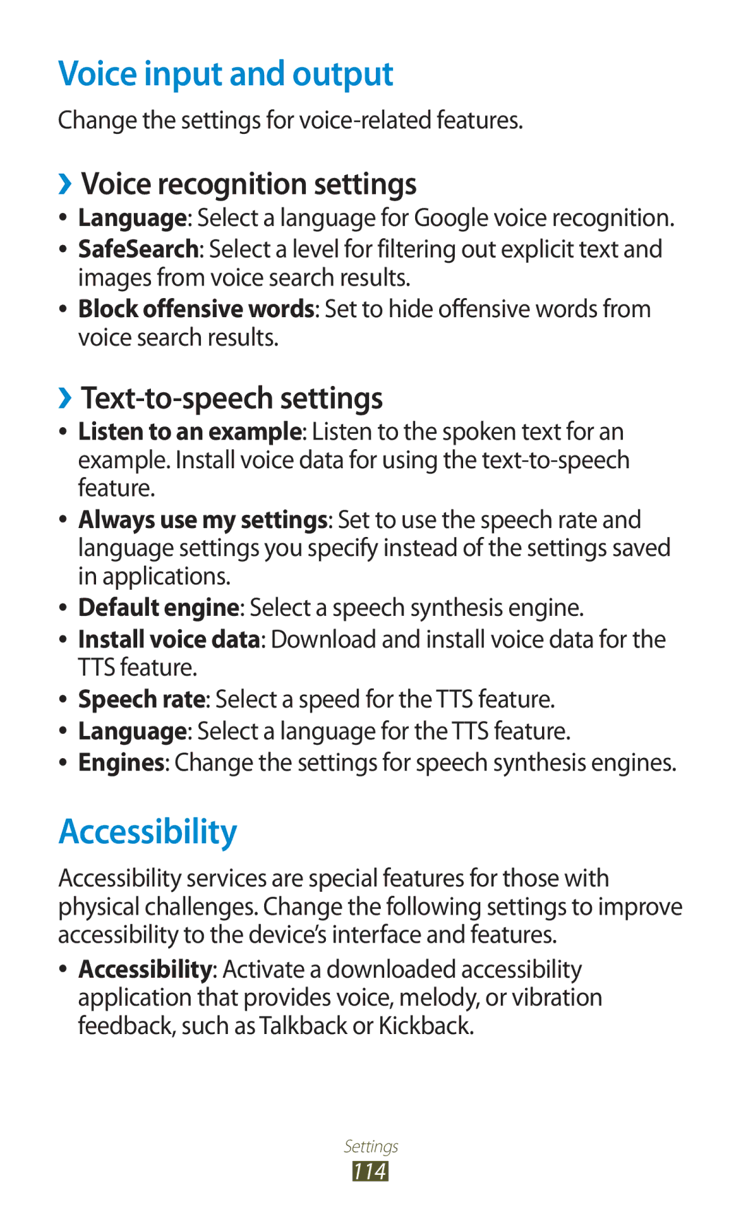 Samsung GT2S5302ZKAETL Voice input and output, Accessibility, ››Voice recognition settings, ››Text-to-speech settings 