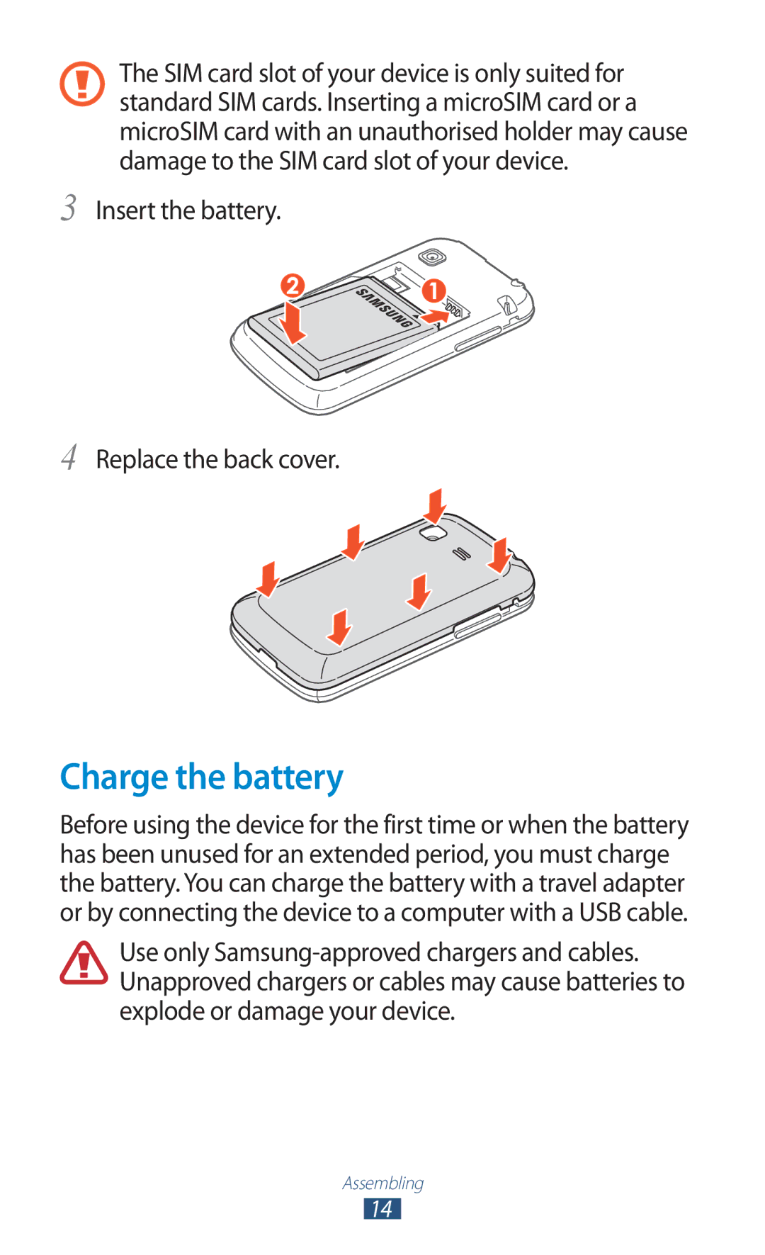 Samsung GT2S5302ZKAETL, GT-S5302ZWAAFR, GT-S5302ZWAKSA manual Charge the battery, Insert the battery Replace the back cover 