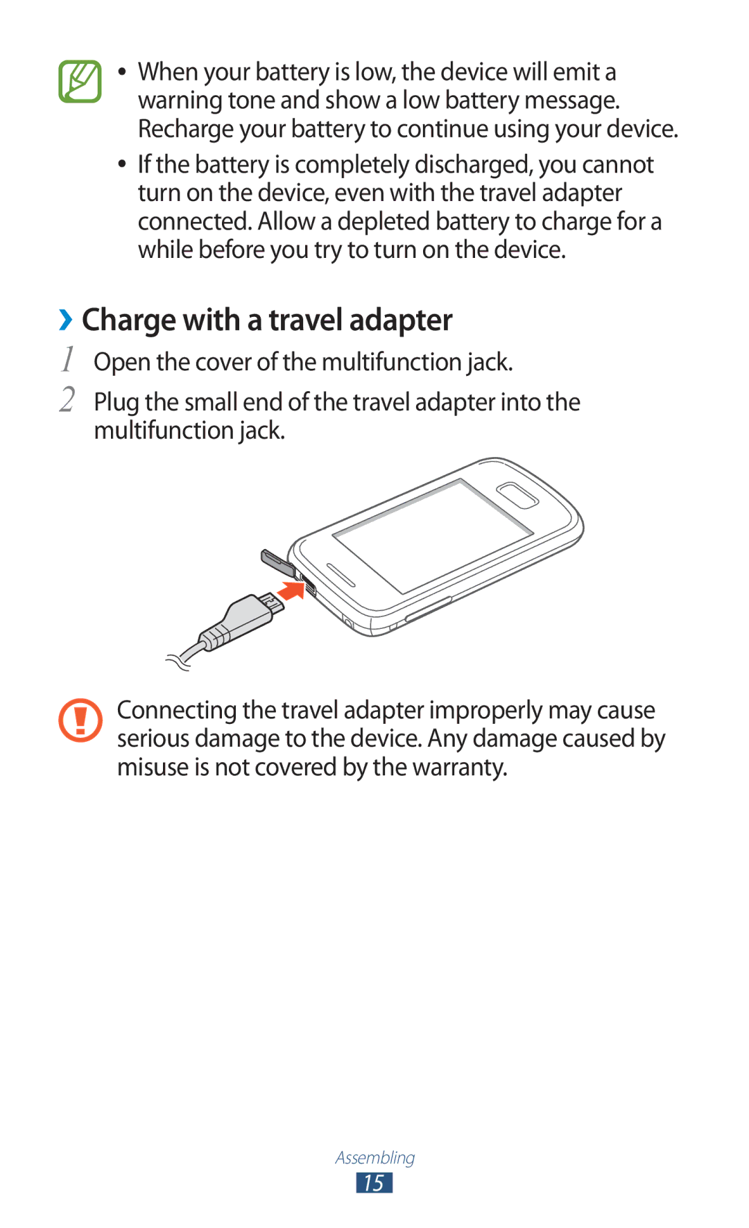 Samsung GT2S5302ZWAETL, GT-S5302ZWAAFR, GT-S5302ZWAKSA, GT-S5302ZKAEGY, GT-S5302ZWACAC manual ››Charge with a travel adapter 