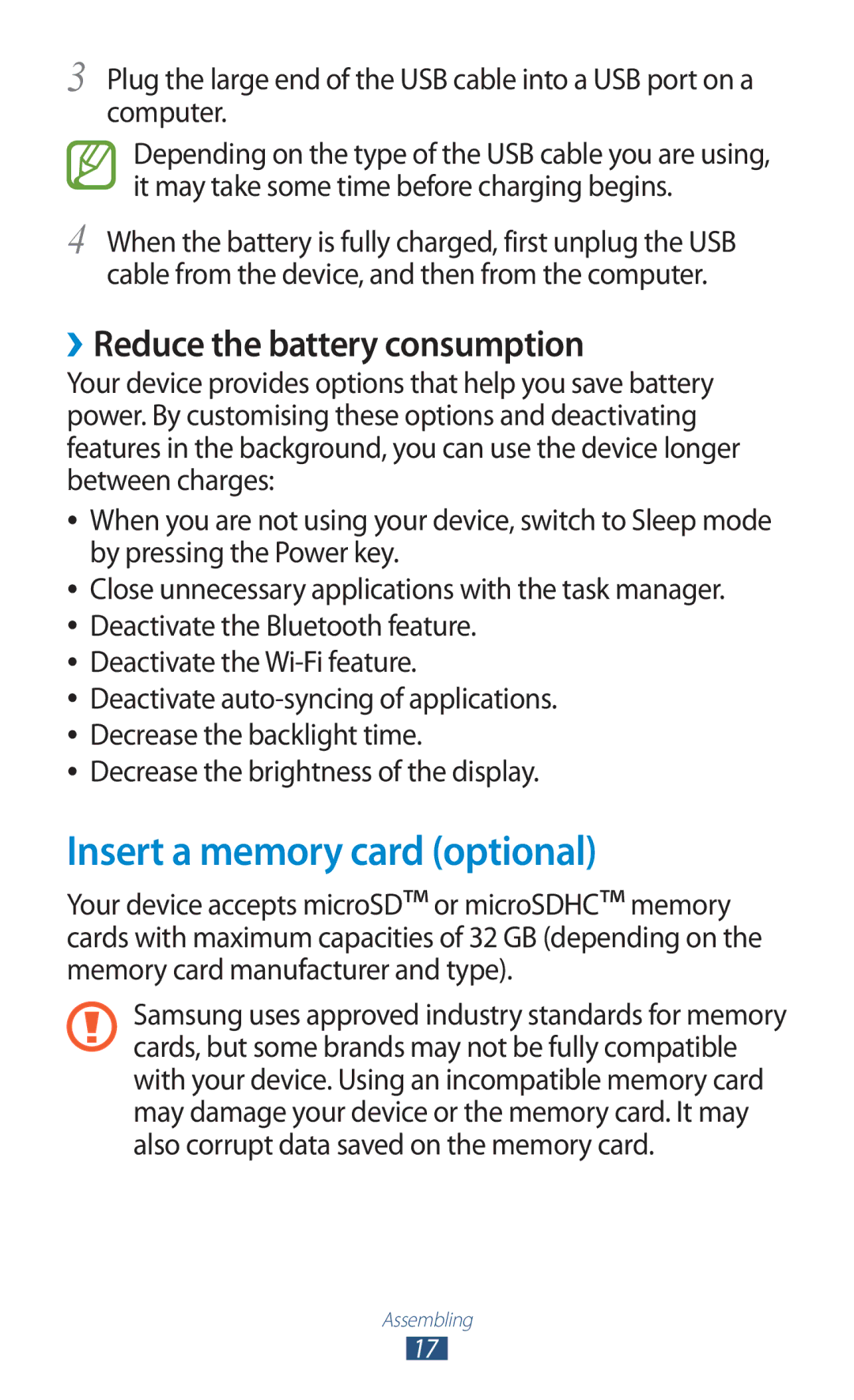 Samsung GT-S5302ZKAXEZ, GT-S5302ZWAAFR, GT-S5302ZWAKSA manual Insert a memory card optional, ››Reduce the battery consumption 