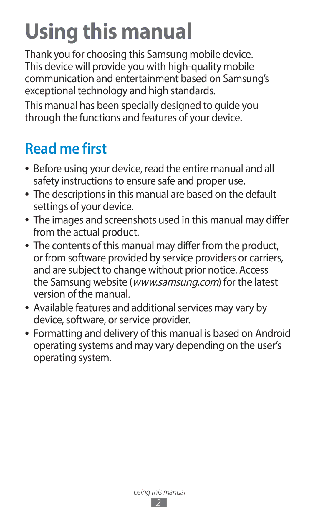 Samsung GT-S5302ZKAEGY, GT-S5302ZWAAFR, GT-S5302ZWAKSA, GT-S5302ZWACAC, GT-S5302ZKAXSG Using this manual, Read me first 