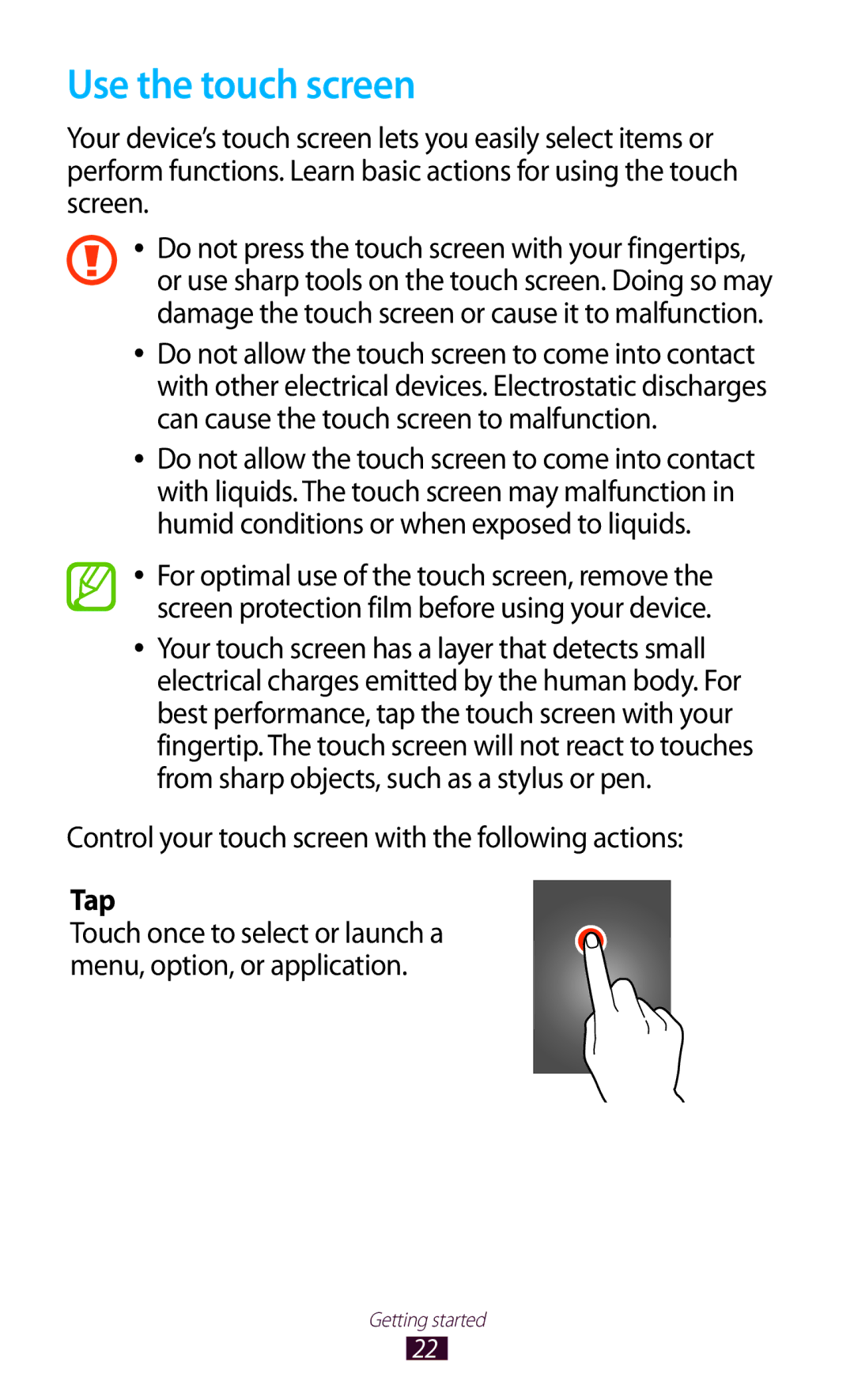 Samsung GT-S5302ZKACOA, GT-S5302ZWAAFR Use the touch screen, Control your touch screen with the following actions, Tap 