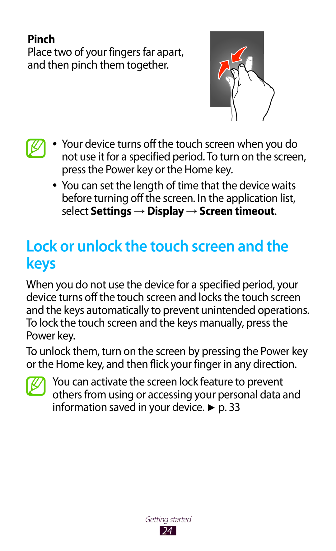 Samsung GT-S5302ZWASER, GT-S5302ZWAAFR, GT-S5302ZWAKSA, GT-S5302ZKAEGY Lock or unlock the touch screen and the keys, Pinch 