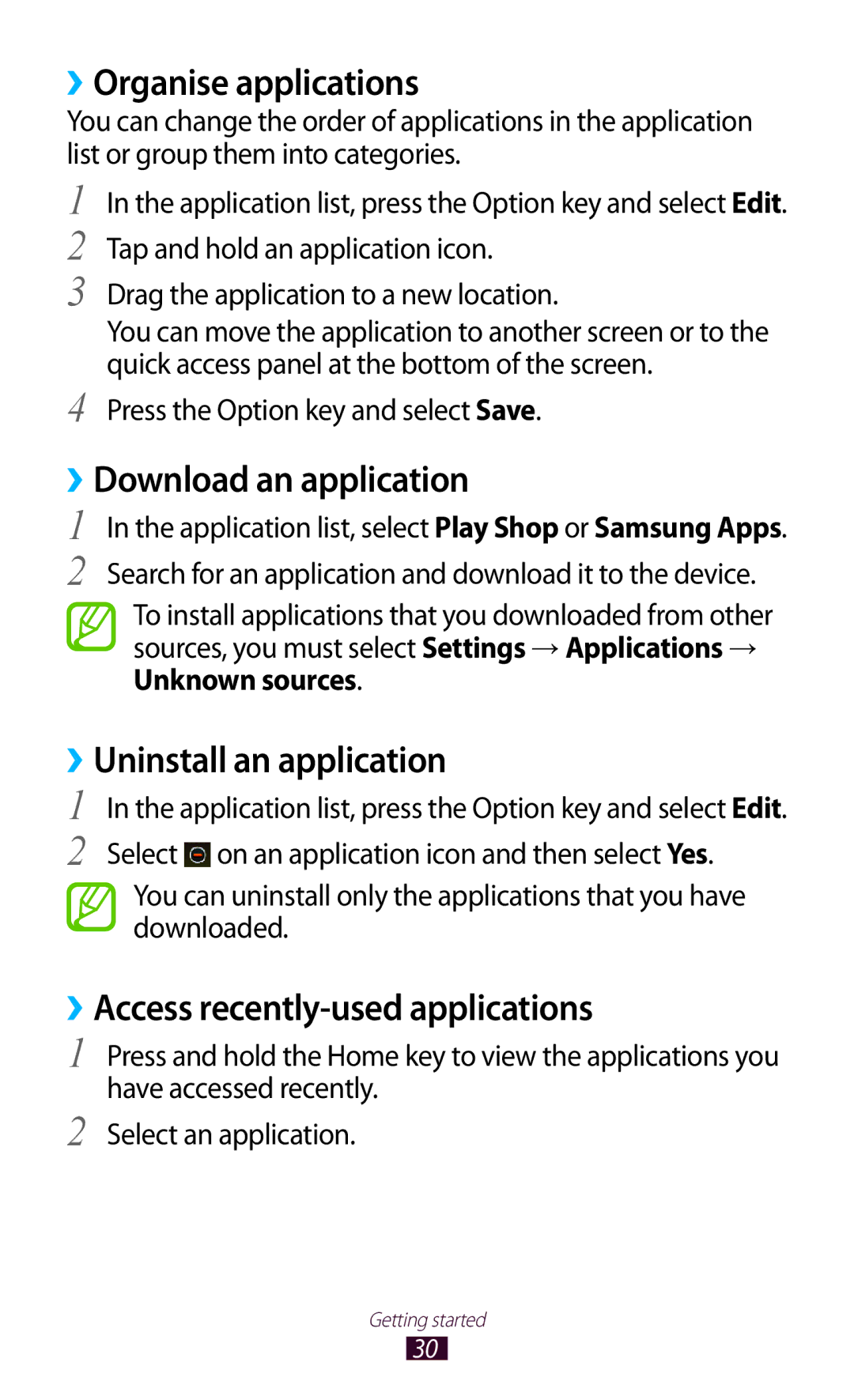 Samsung GT-S5302ZWAPAK, GT-S5302ZWAAFR manual ››Organise applications, ››Download an application, Uninstall an application 