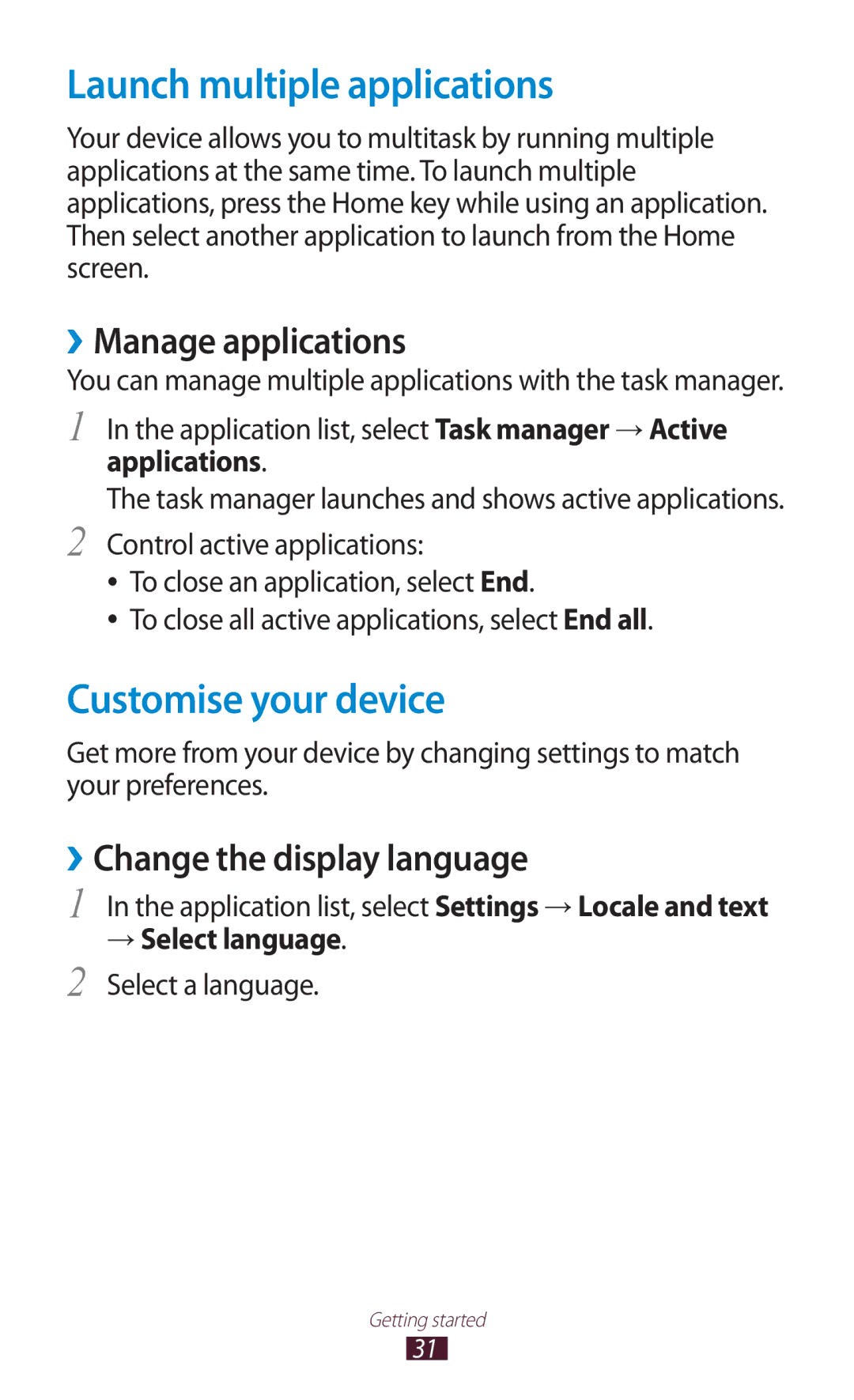 Samsung GT-S5302ZWAXSG manual Launch multiple applications, Customise your device, ››Manage applications, → Select language 