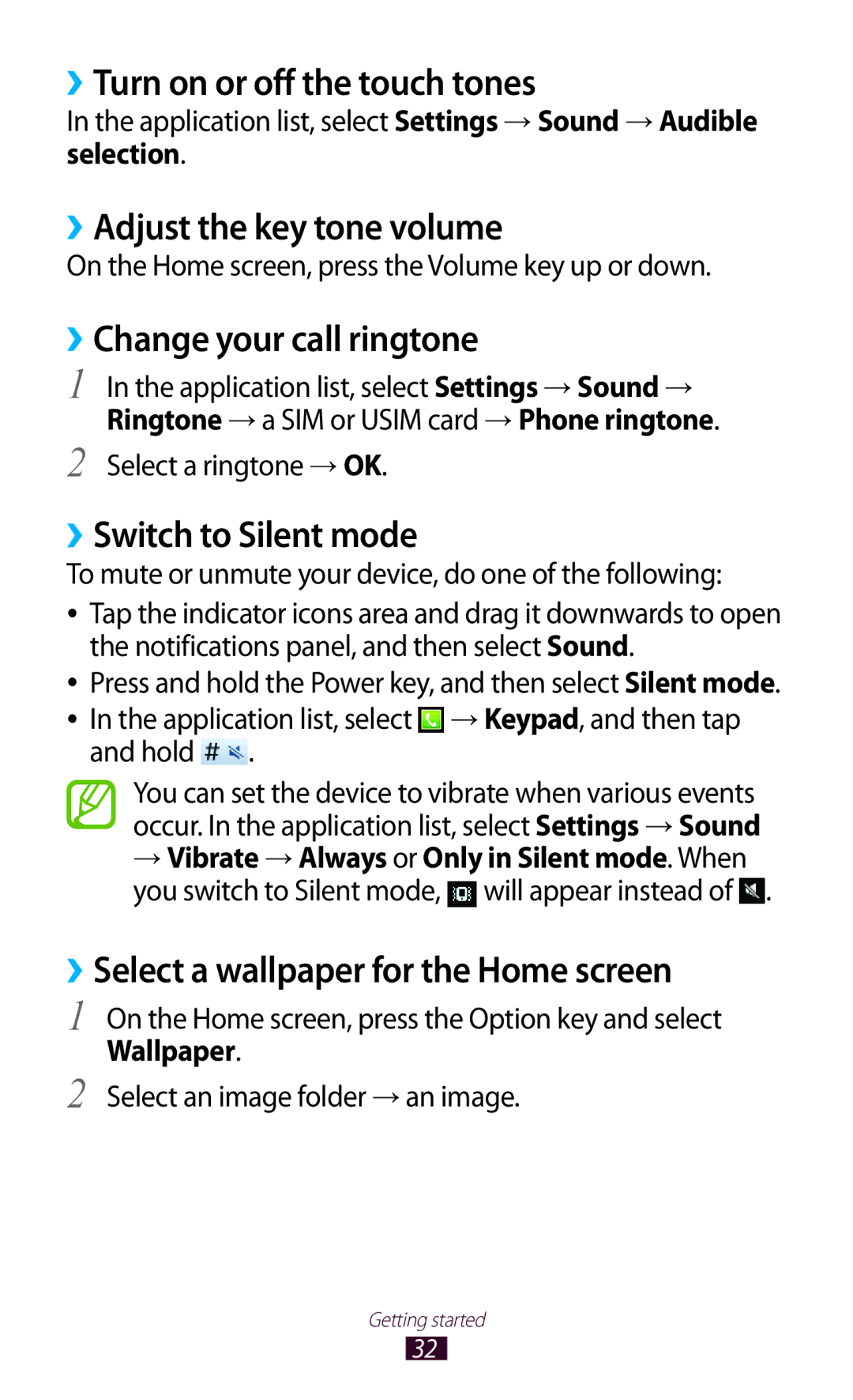 Samsung GT-S5302ZKAKSA manual ››Turn on or off the touch tones, ››Adjust the key tone volume, ››Change your call ringtone 