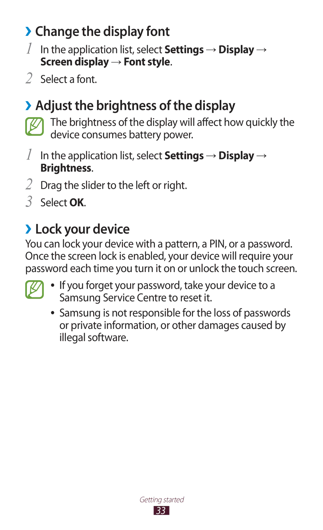 Samsung GT-S5302ZWAJED manual ››Change the display font, ››Adjust the brightness of the display, ››Lock your device 