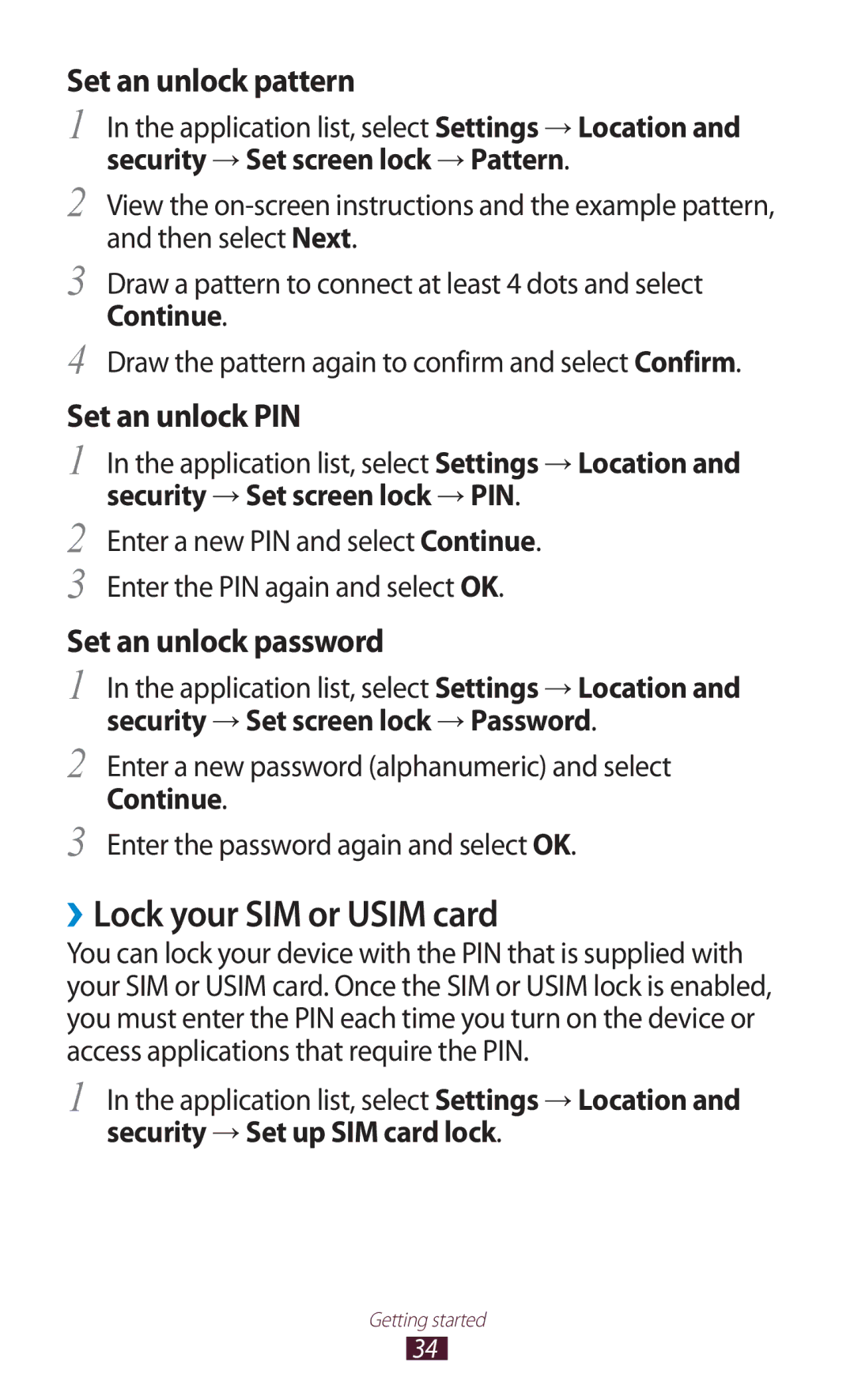 Samsung GT-S5302ZWAEGY, GT-S5302ZWAAFR, GT-S5302ZWAKSA, GT-S5302ZKAEGY ››Lock your SIM or Usim card, Set an unlock pattern 