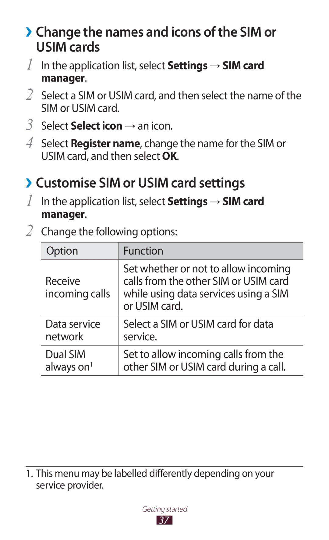 Samsung GT-S5302ZKAETL manual ››Change the names and icons of the SIM or Usim cards, ››Customise SIM or Usim card settings 