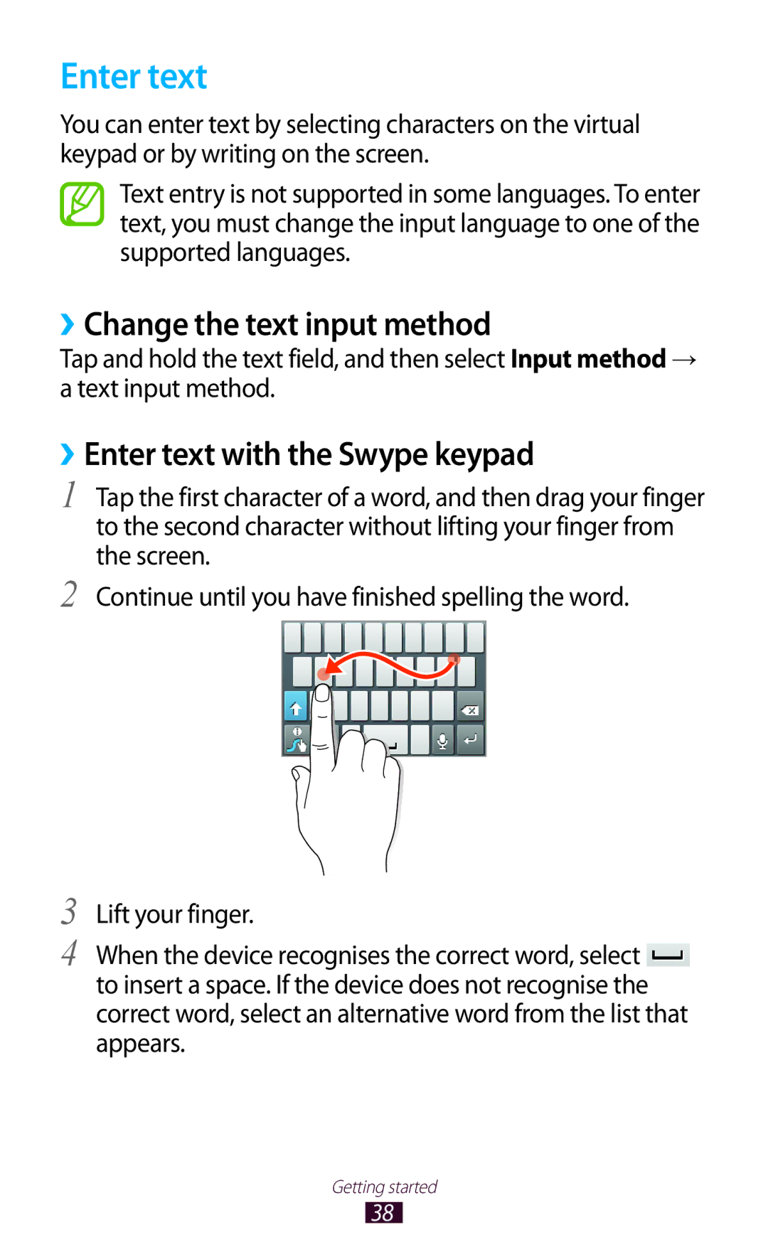 Samsung GT2S5302ZKAXEZ, GT-S5302ZWAAFR manual ››Change the text input method, ››Enter text with the Swype keypad 