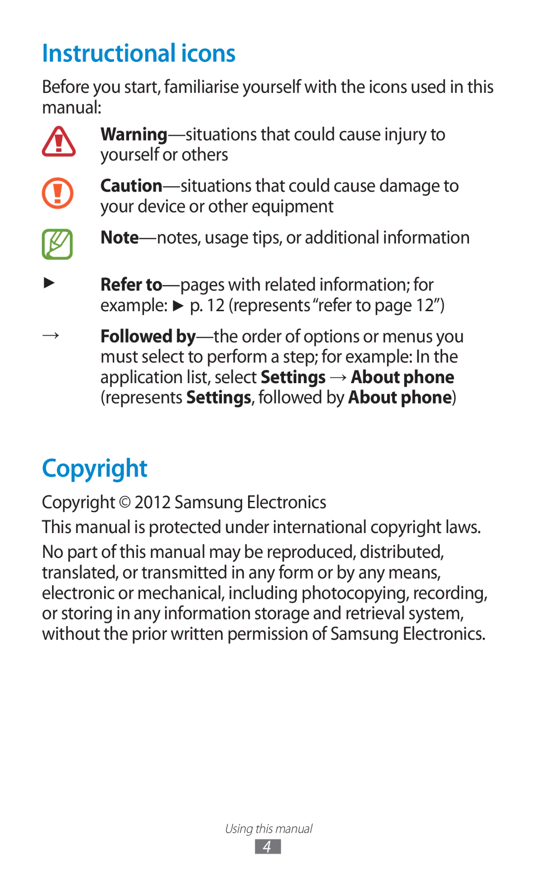 Samsung GT-S5302ZKAXSG, GT-S5302ZWAAFR, GT-S5302ZWAKSA, GT-S5302ZKAEGY, GT-S5302ZWACAC manual Instructional icons, Copyright 