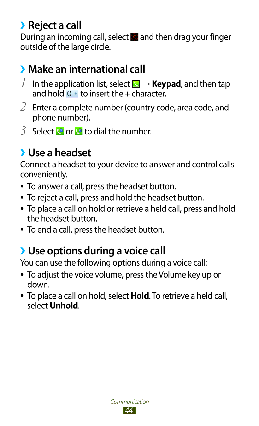 Samsung GT2S5302ZWAXEZ ››Reject a call, ››Make an international call, ››Use a headset, ››Use options during a voice call 